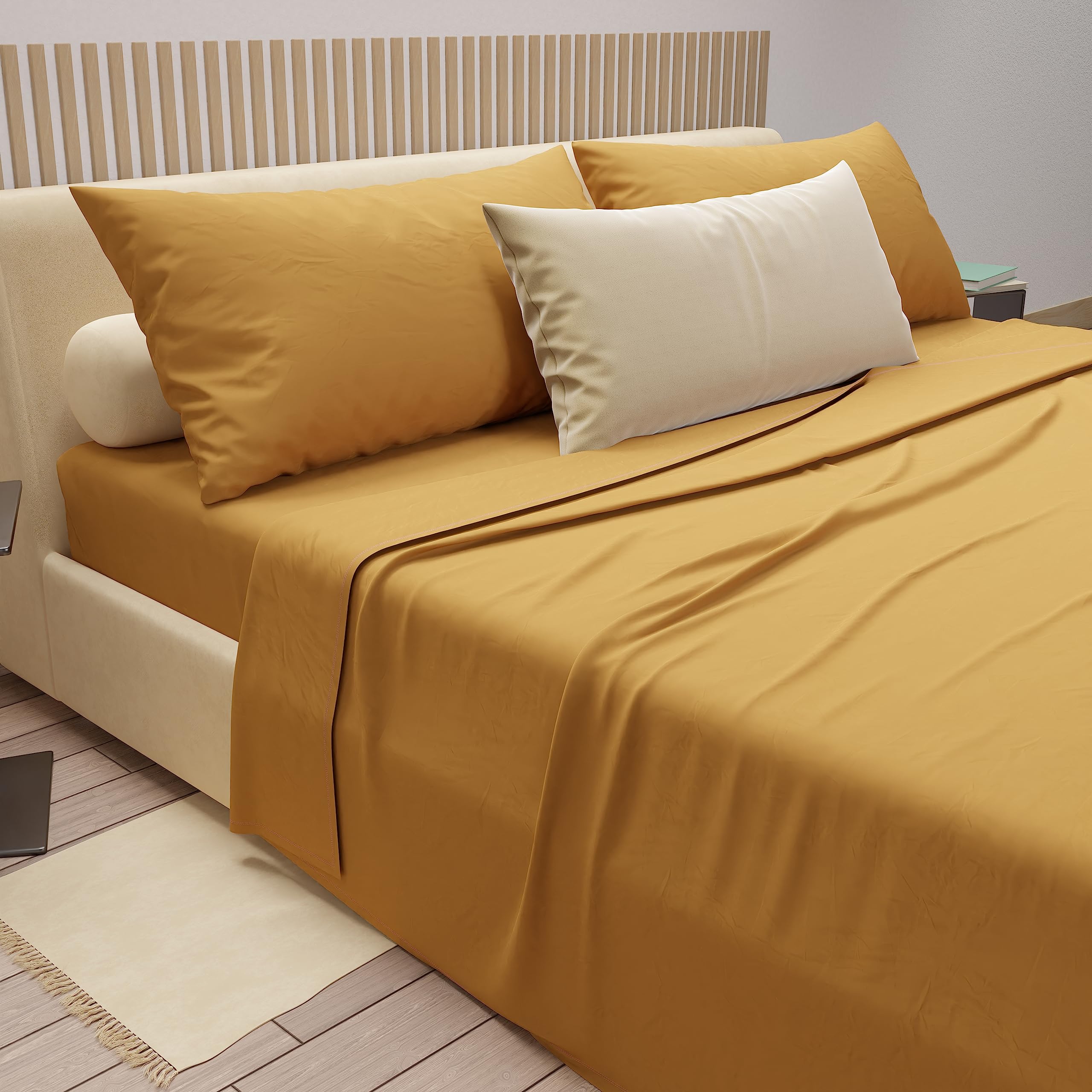 PETTI Artigiani Italiani - Cotton Sheets, Single Sheets, Single Bed Set, Ochre Yellow, 100% Made in Italy - Image 3