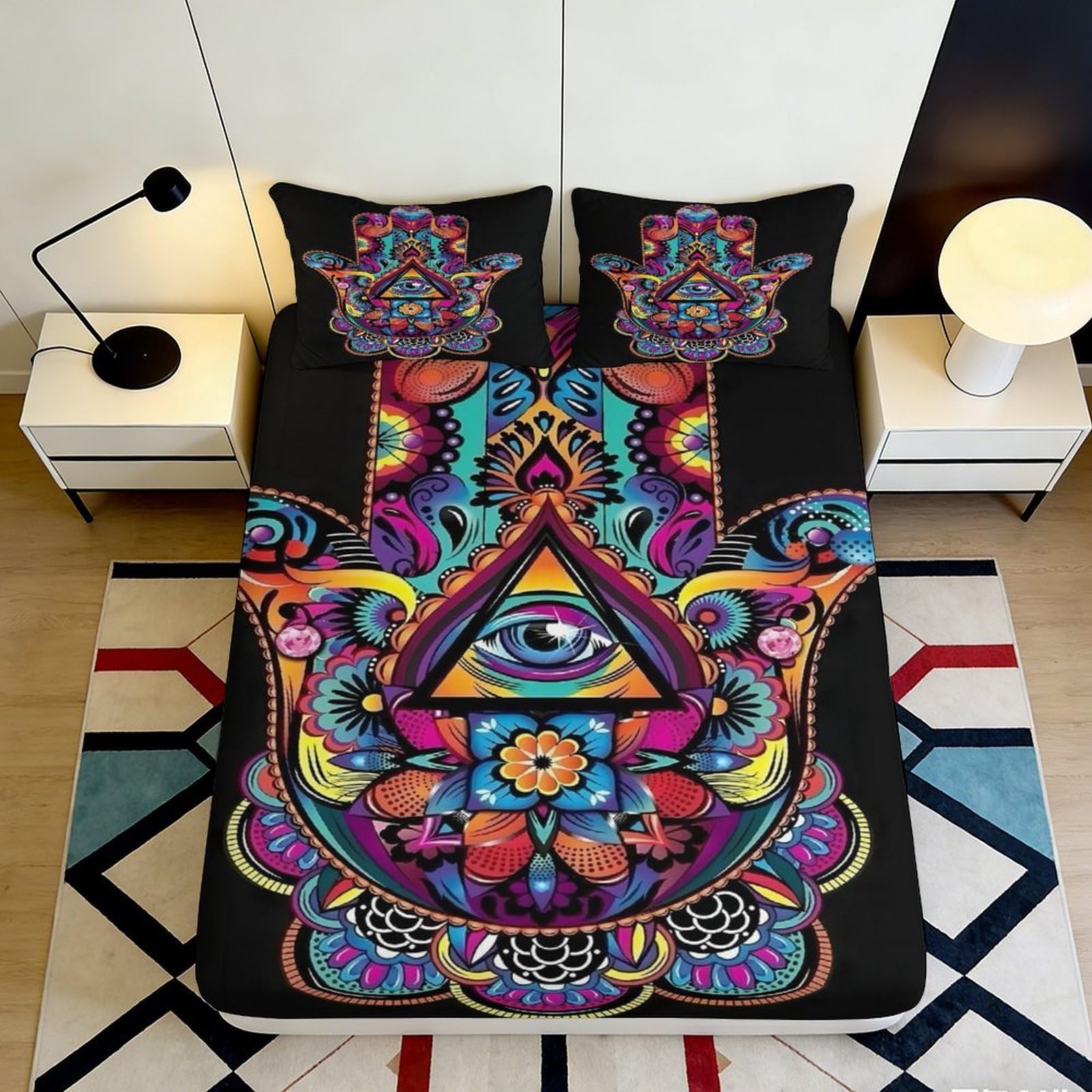 3D Printed Psychedelic Mandala Fitted Sheet Microfiber Vibrant Hamsa Eye Bed Cover for Bedroom Dorm Decor Protection 90x200x25cm