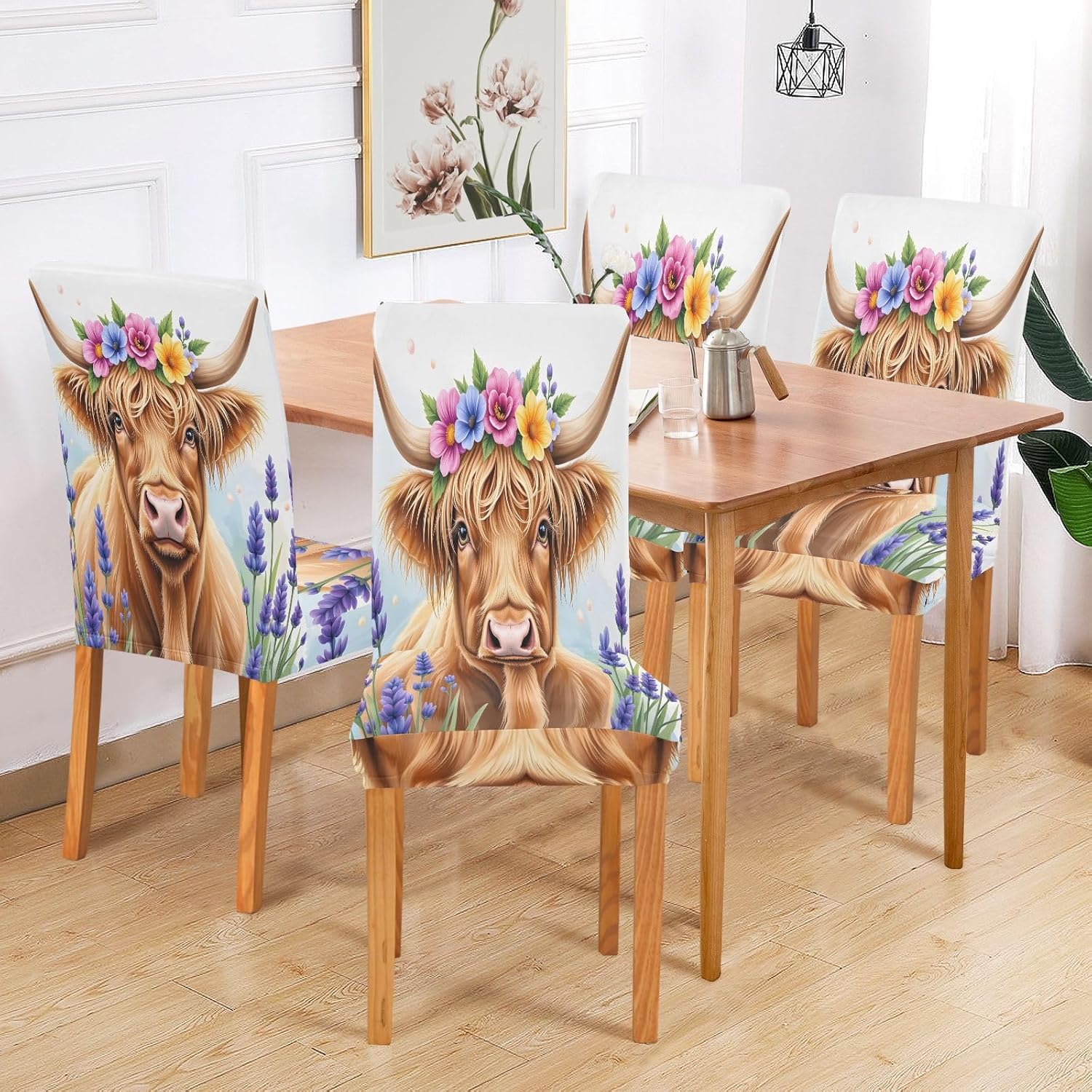 ALAZA Chair Covers for Dining Room, Lavender Highland Cattle Stretch Chair Cover Sets Chair Protector Removable Washable for Ktichen Restaurant Hotel