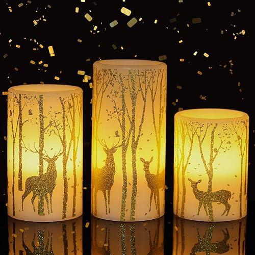 Wondise Velas parpadeantes sin llama con temporizador, funcionan con pilas, cera real, con calcomanía de ciervo dorado, velas LED para decoración de