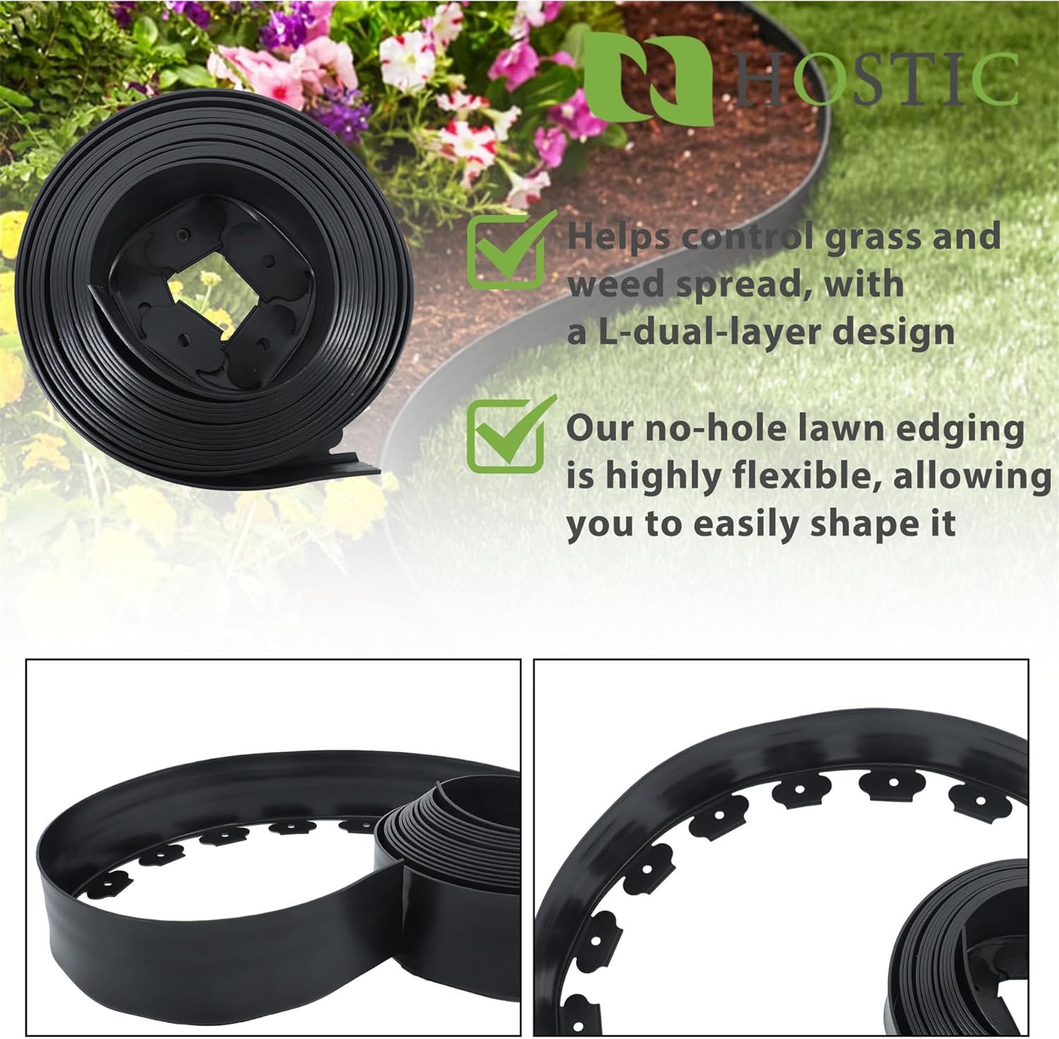 HOSTIC 1.5 Inch x 100 Feet 32 Pack Spikes Outdoor Landscape Border Garden Lawn Flower Bed Edging Stakes for Flower Bed Pathway and Yard Black