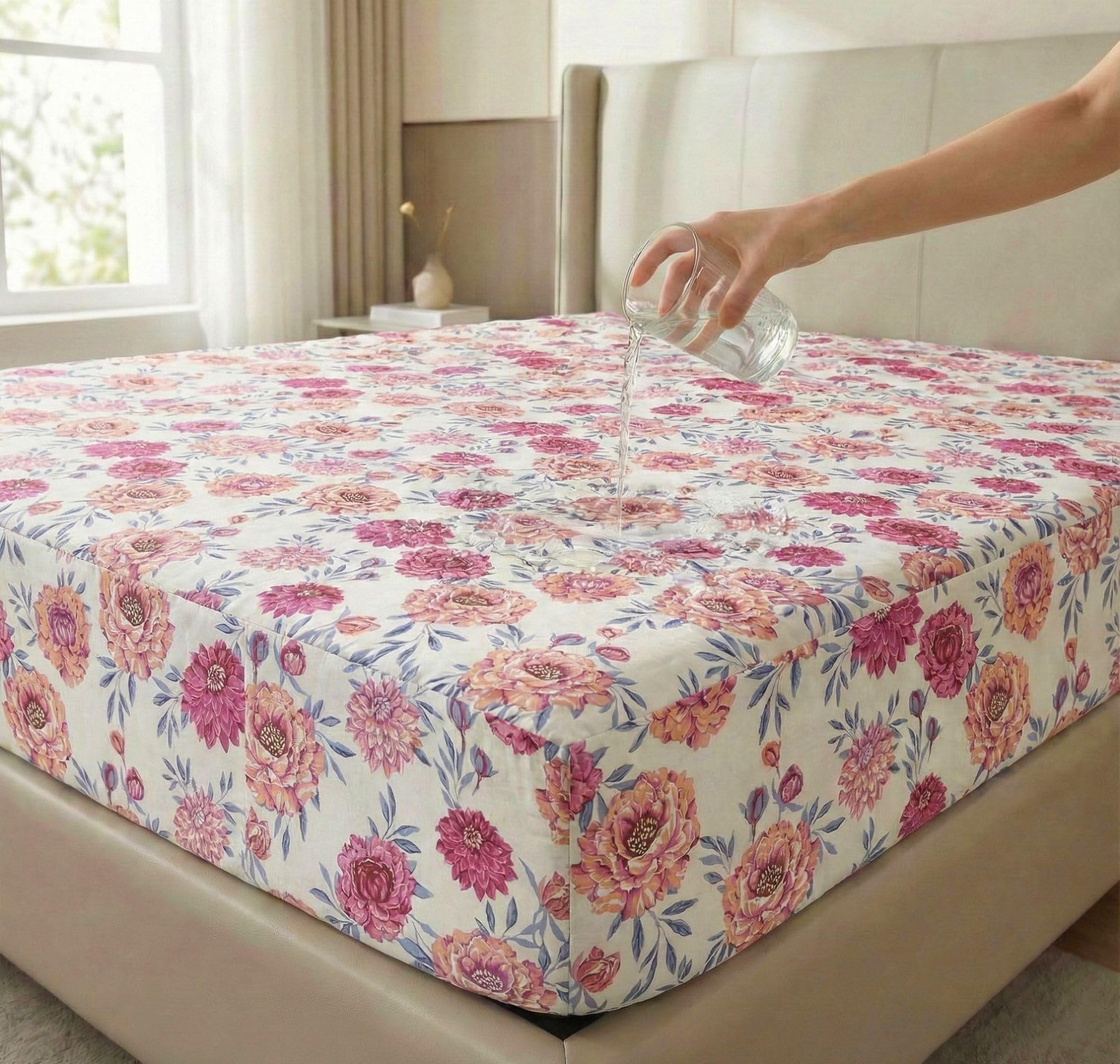 BSB HOME 100% Waterproof Premium Cotton Feel Printed Mattress Protector King Size 78x72 Inch | Ultra Soft Breathable & Fitted Bed Protector Terry Cover Double Bed (6.5x6 feet, Fits 10 Inches, Beige)