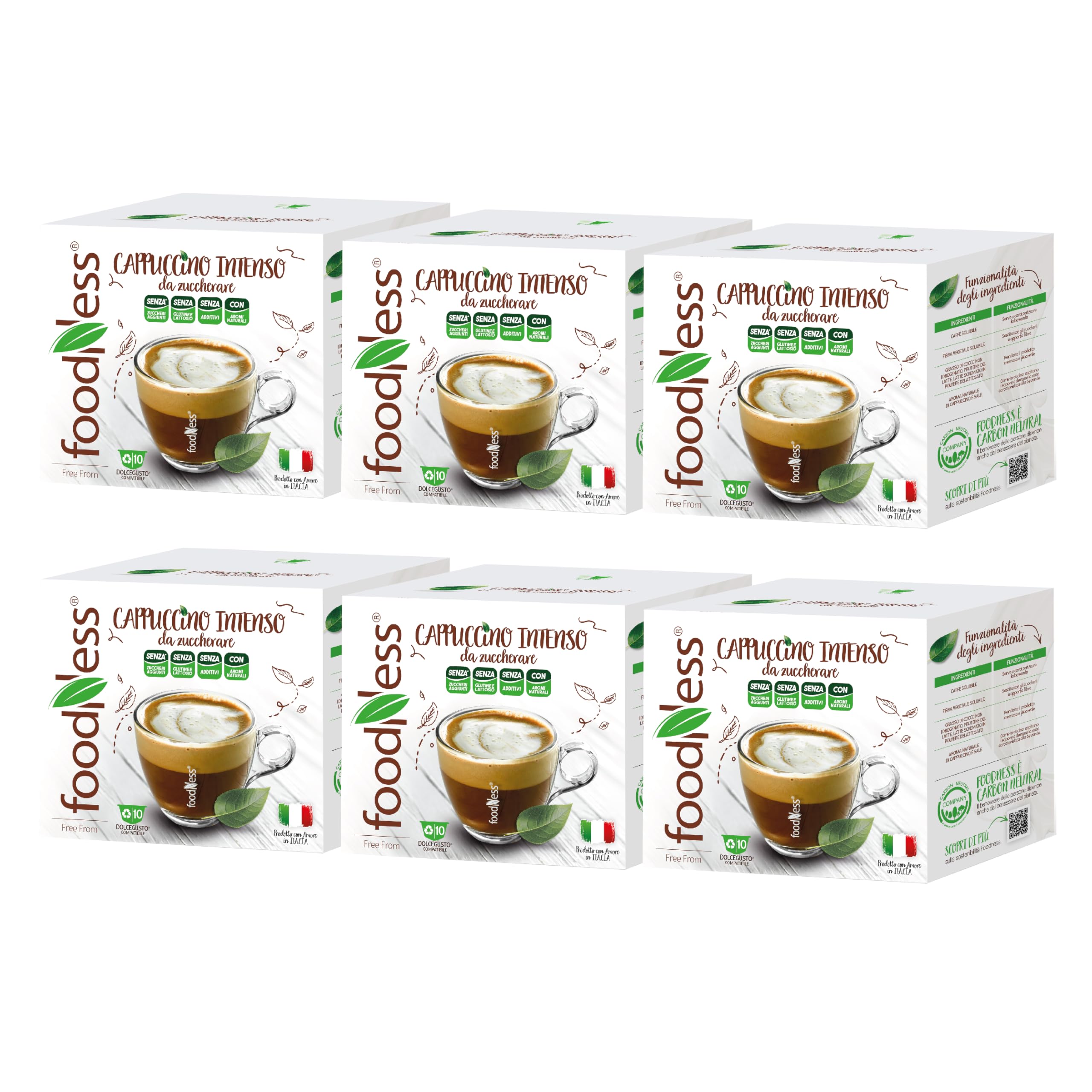 foodNess - 6 Box da 10 Capsule di Cappuccino Intenso, Capsule Compatibili con Sistema Dolce Gusto, Solubile per Bevanda Gusto Cappuccino con Latte e Caffè, Senza Glutine, Lattosio e Zuccheri Aggiunti