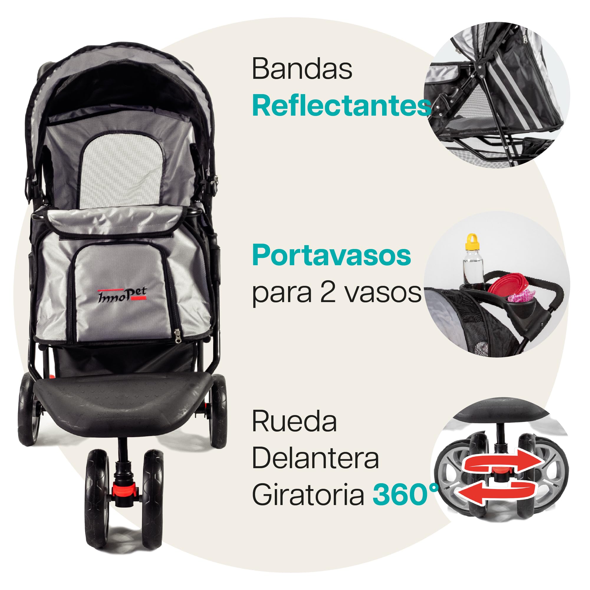 Innopet All Terrain negro/plata - Carrito de 3 ruedas para perros y gatos hasta 12,5kg, con ruedas EVA, plegado fácil y portavasos