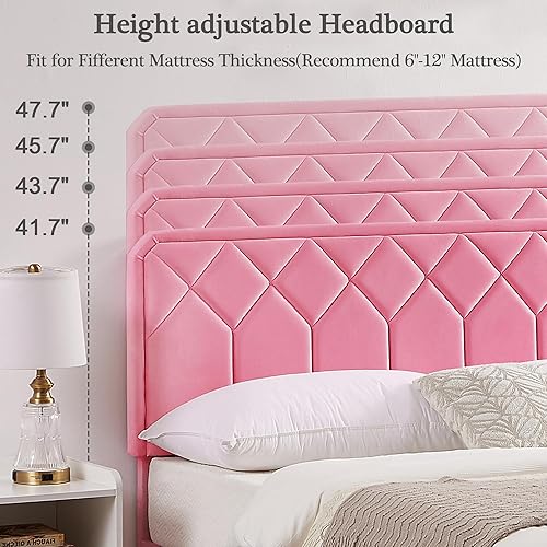 Miniatura 78 de VECELO Base de cama de tamaño matrimonial con plataforma tapizada de terciopelo de alta calidad con cabecera ajustable en altura / base de colchón,