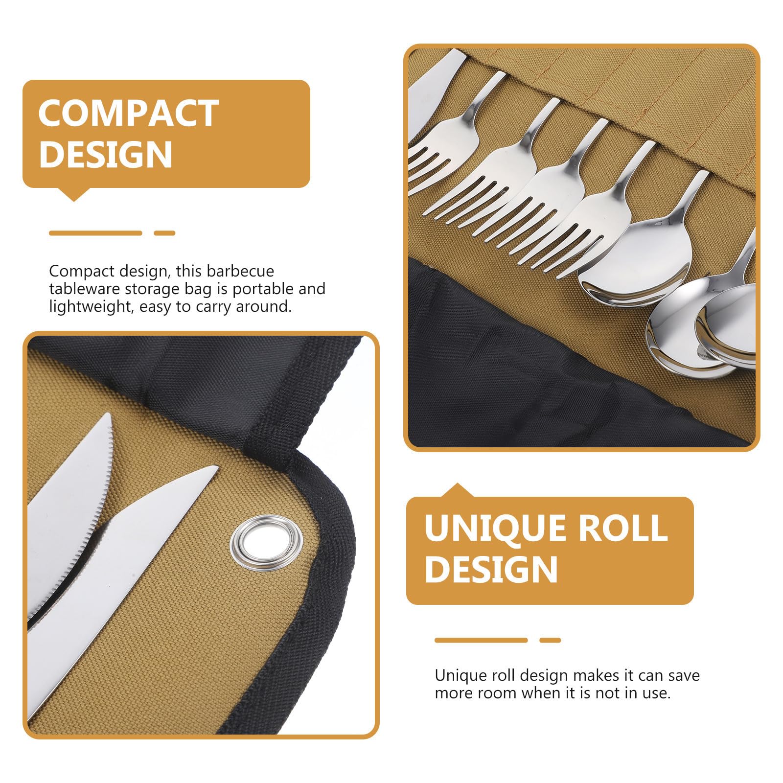 Set Posate da Campeggio in Acciaio Inox Borsa Arrotolabile | Argento, Design Compatto e Leggero, Facile Pulire e Portare per Bbq e Campeggio