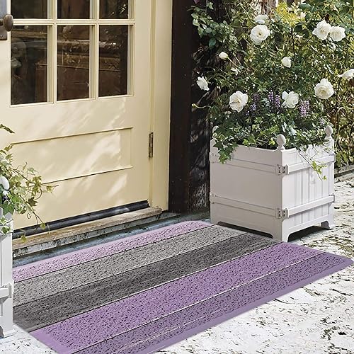 Miniatura 2 de Tapete de PVC para entrada, tapete de bienvenida resistente, tablero de madera de granero morado, rayas grises, tapetes de goma antideslizante para