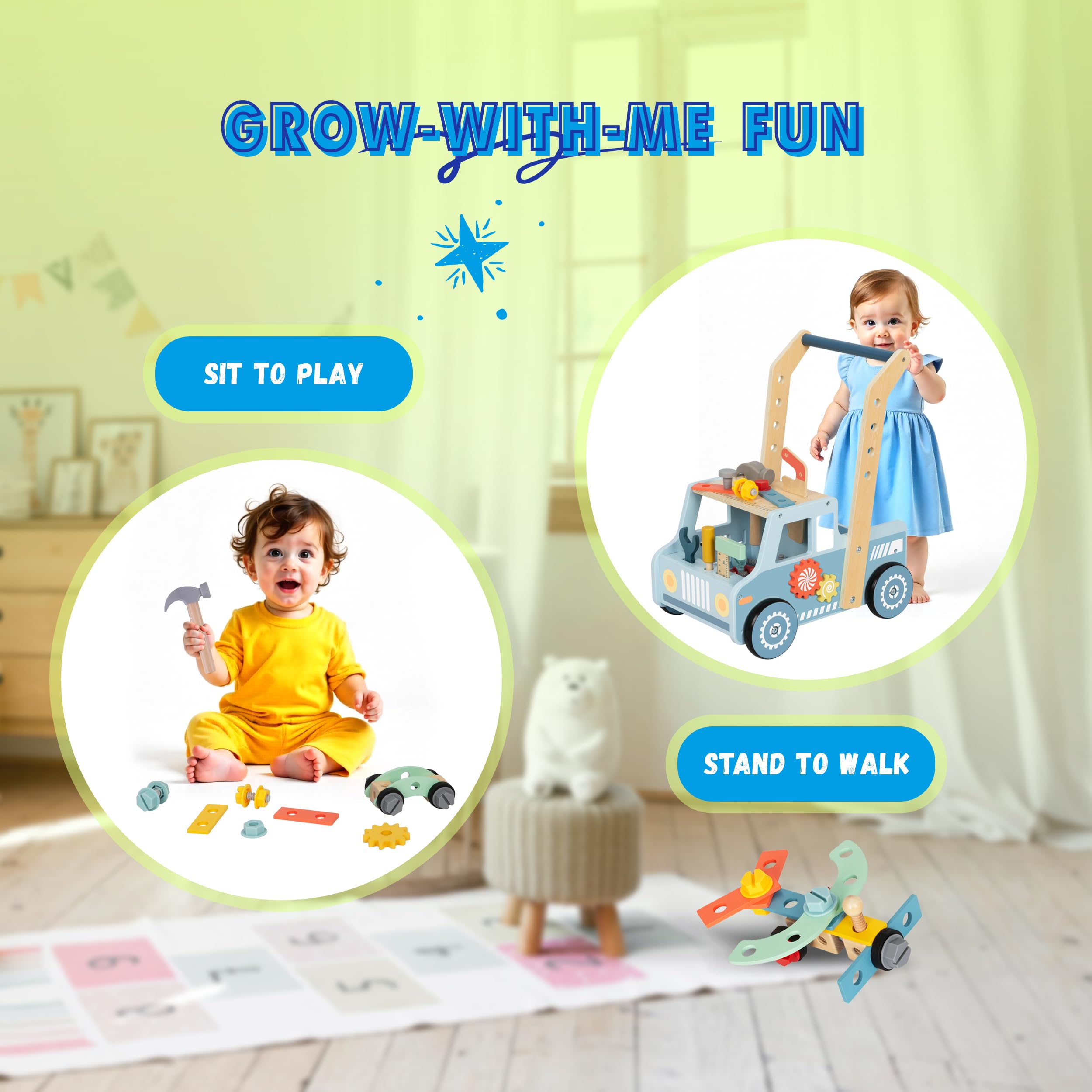 KAUZA Andador Bebé Madera 3 en 1, Montessori Caminador para Bebes 1–3 Años, Carrito con Almacenaje, Correpasillos Estable, Juguete Educativo Primeros Pasos, Centro Actividades Sensoriales, Asa Cómoda