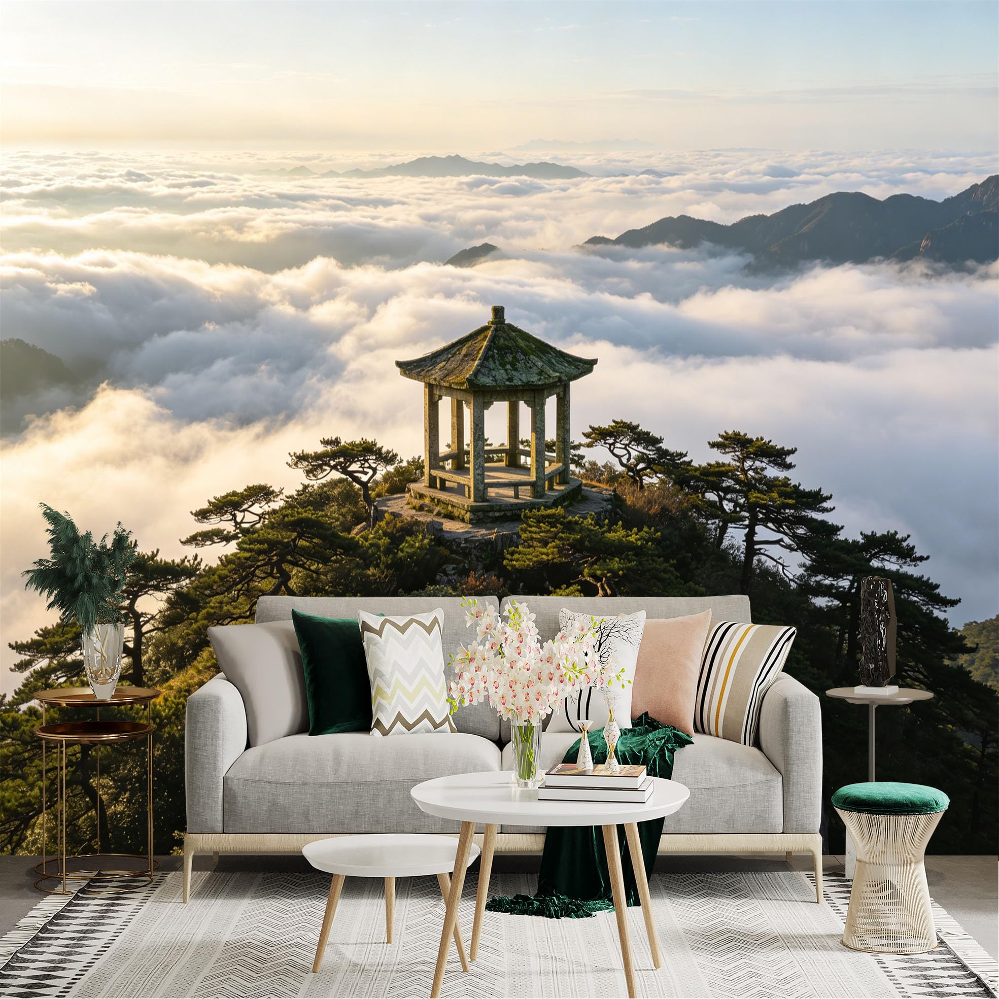 Custom Size Wall Sticker Mural， Mountain Pavilion Above Clouds with Sunrise and Pine Trees， for wall Decoration， peelandstick wall Decals.