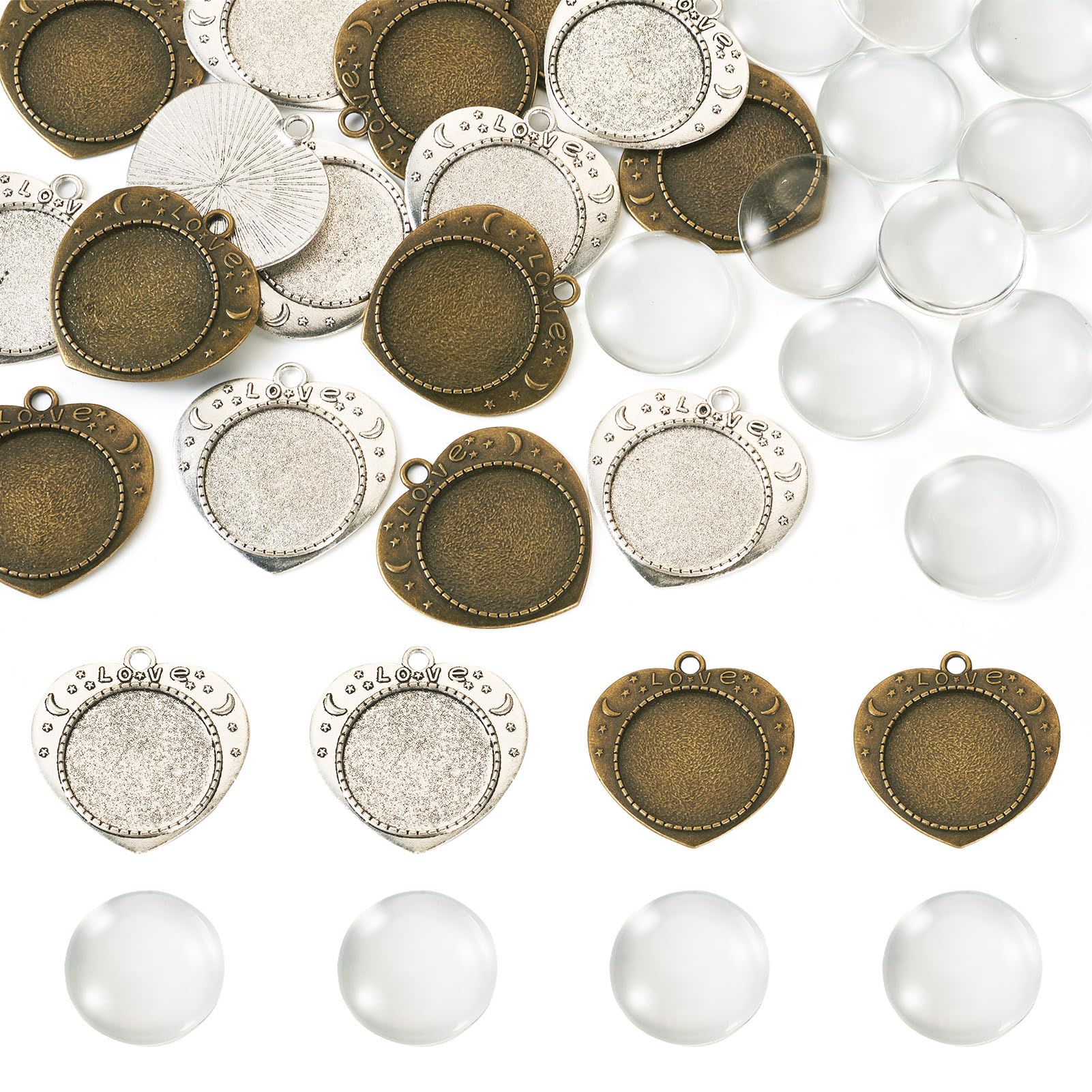 Boutigem 32Pcs Vintage Heart Charms with Round Clear Glass Cabochons Love Heart Shape Cabochon Blank Bezel Settings DIY Memorial Photo Charms Tray Cabochon Necklace Metal Charms for Jewelry Making