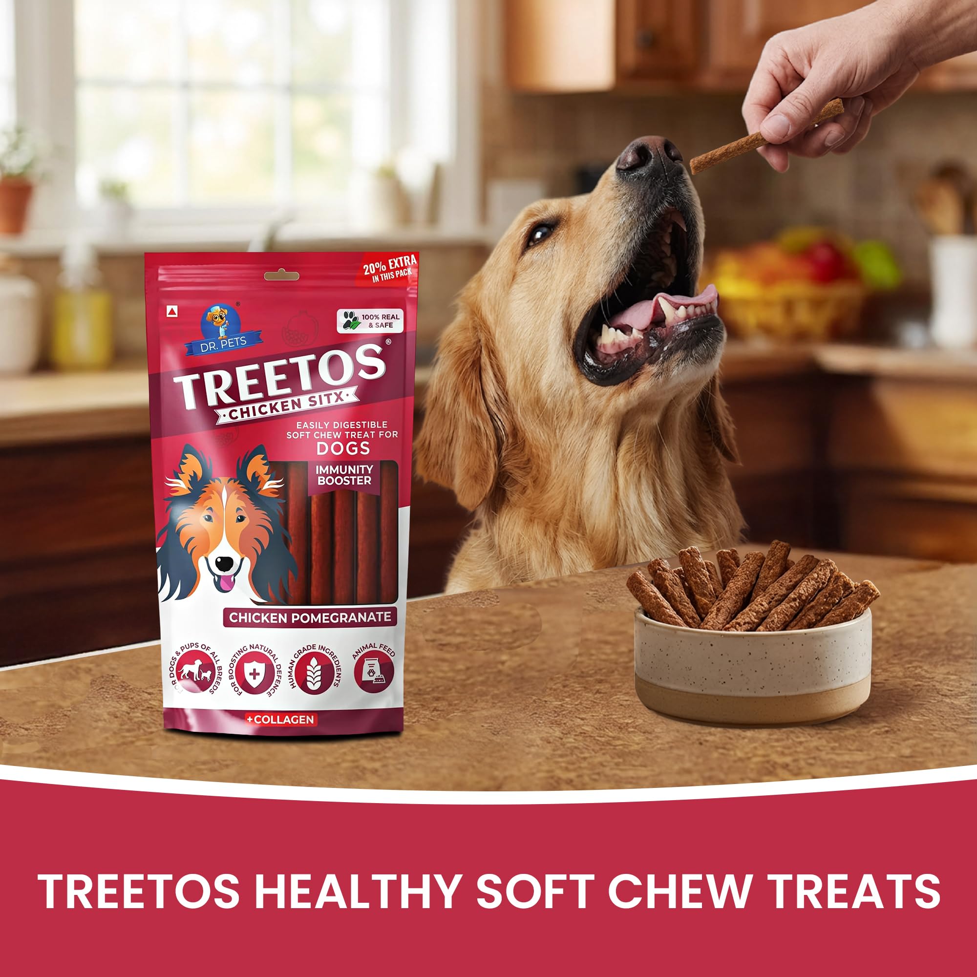 Dr. Pets Pack of 3 (85g Each) Treetos Chicken Stix Dog Treats | Chicken Pomegranate Flavour | Soft Chew Sticks for Puppies & Adult Dogs | Training Reward Snacks | Easy to Chew | Pouch Pack