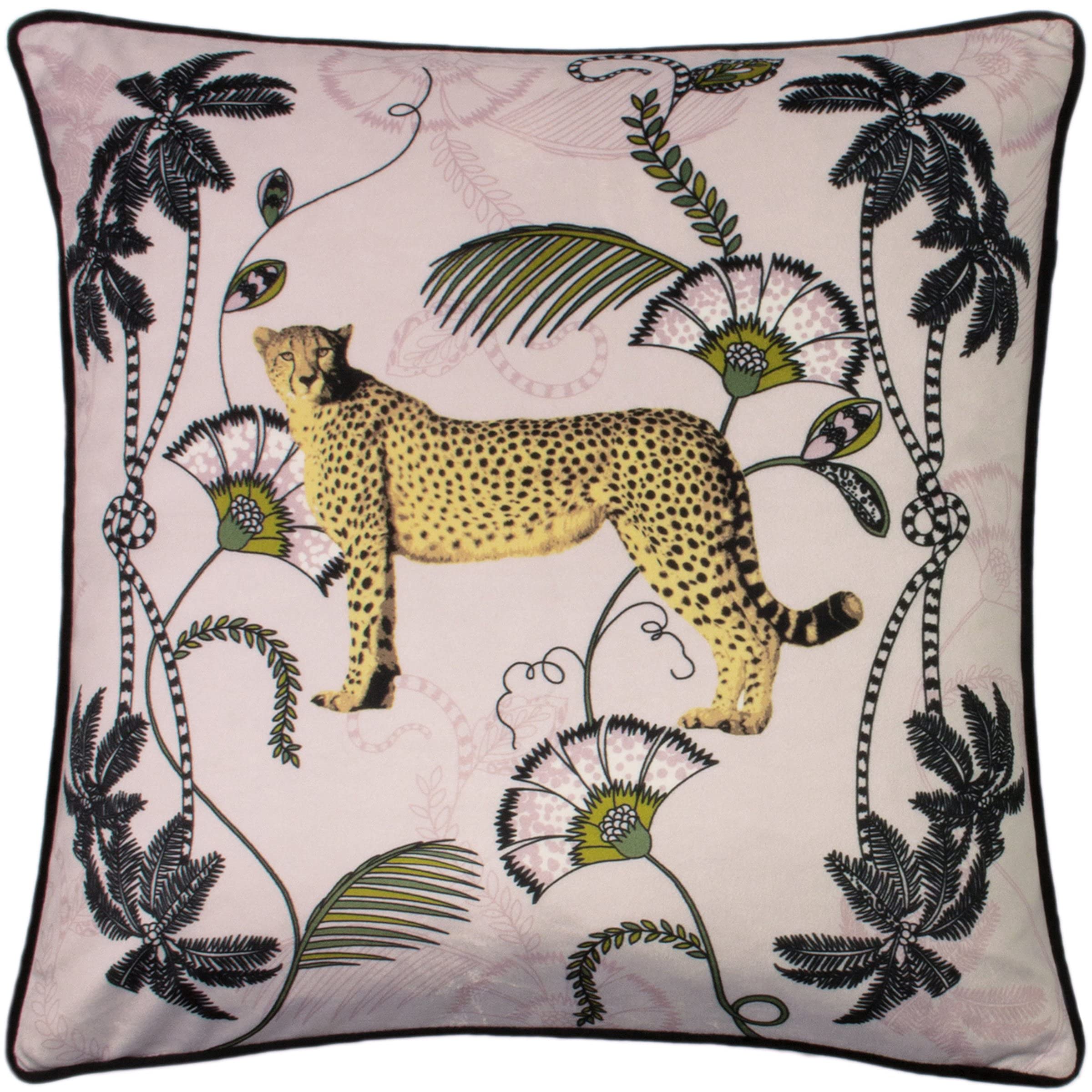 Paoletti Cheetah Velvet Cushion Cover – Majestic Jungle Design with Piped Edge (Blush - 45 x 45cm)