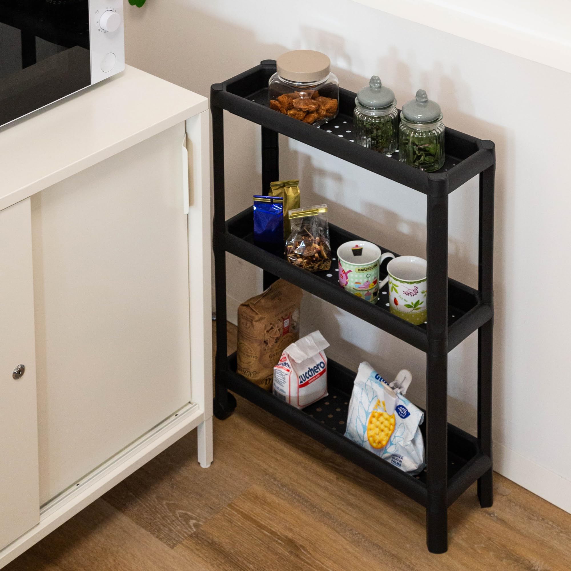 DEA HOME Tina Carrello salvaspazio nero 53x17x71h cm, in plastica resistente con 3 ripiani forati, con ruote e maniglie ergonomiche, pratico e versatile, per riporre oggetti in ambienti domestici