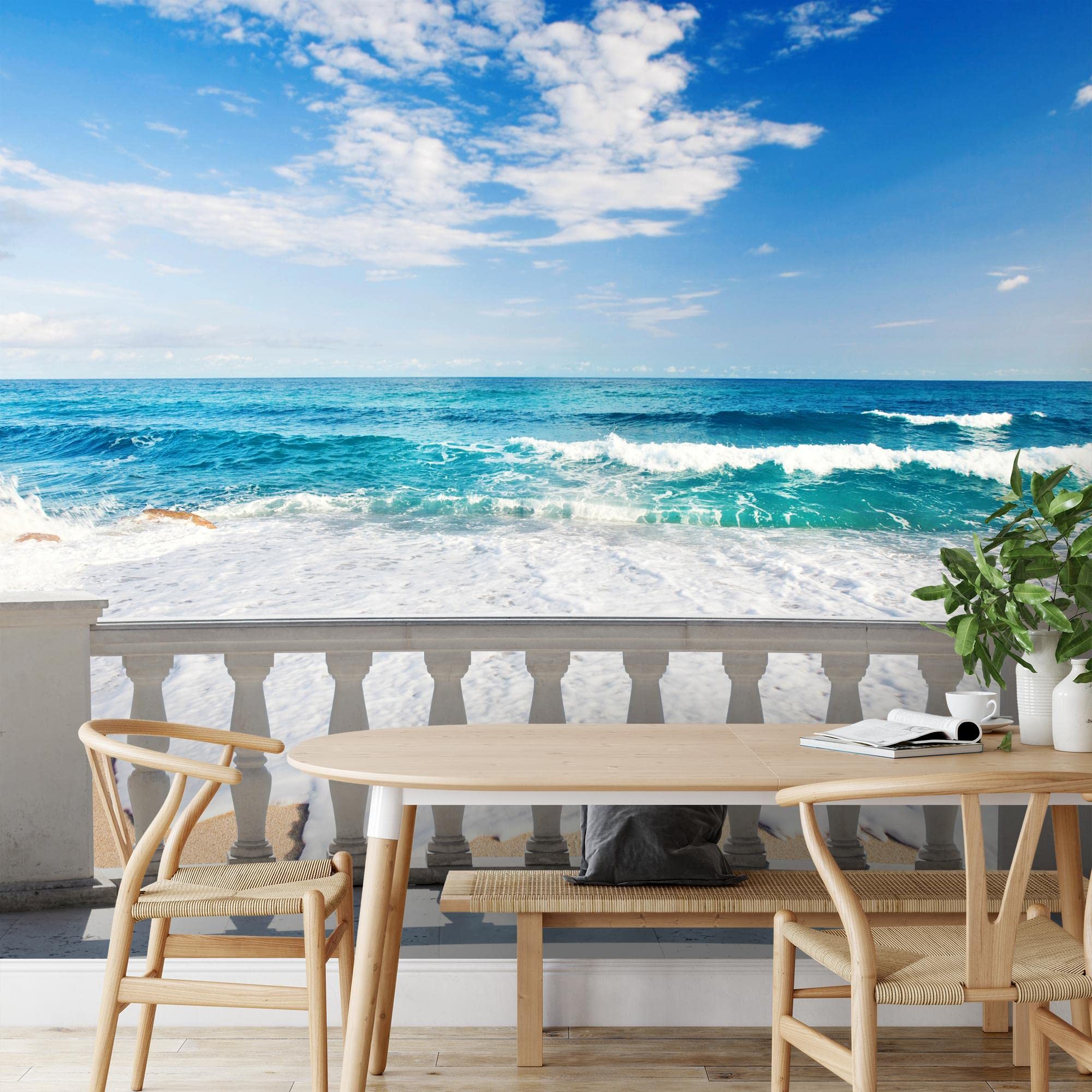 Runa Art Papel tapiz fotográfico Playa terraza del mar Moderna Lana Sala Cuarto Salón - Made in Germany - azul beige 9028010a