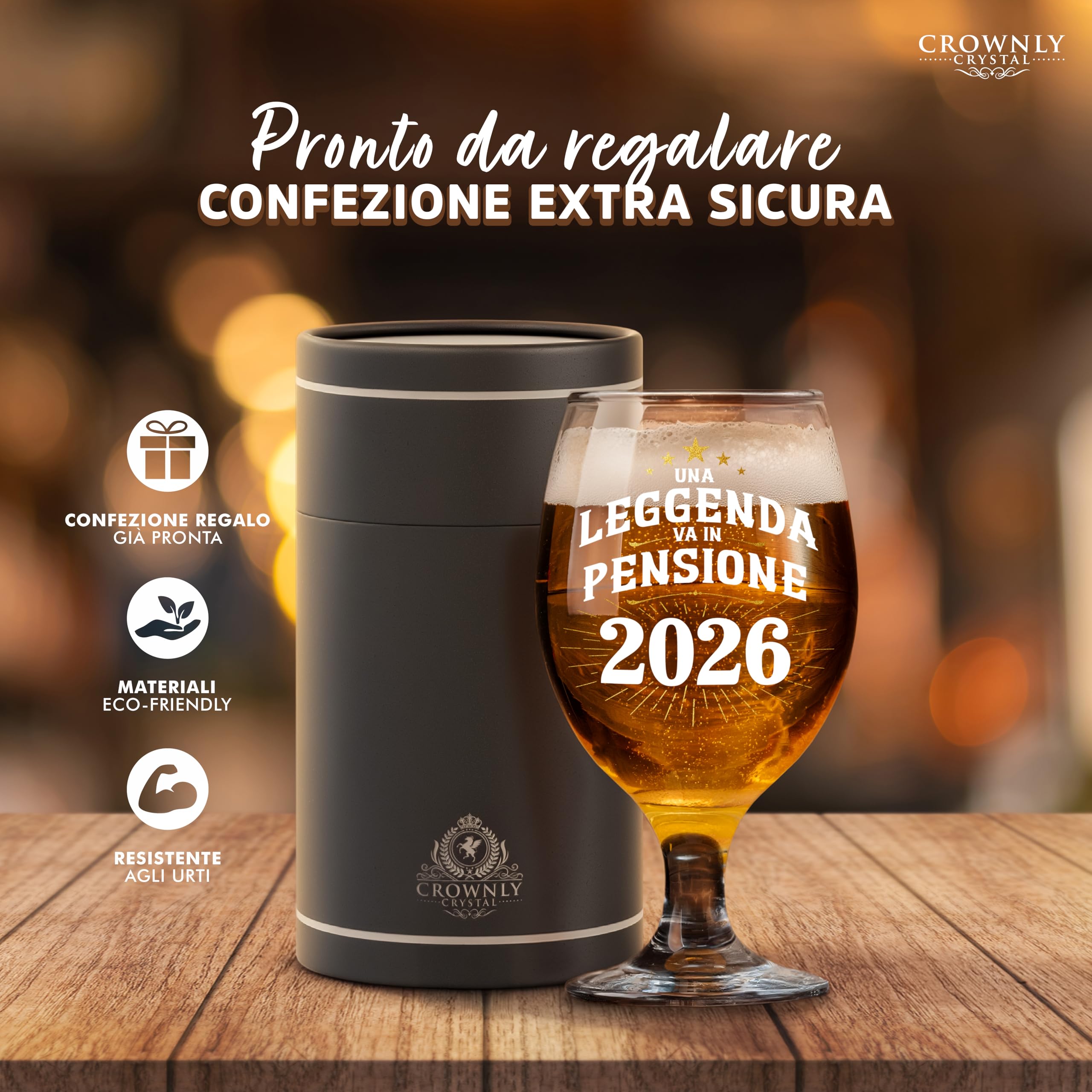 CROWNLY CRYSTAL Bicchiere Da Birra Personalizzato Regalo Pensione Uomo Con Scritta Una Leggenda Va In Pensione 2026 In Vetro Elegante Con Scatola Regalo Premium Per Festa Pensionamento