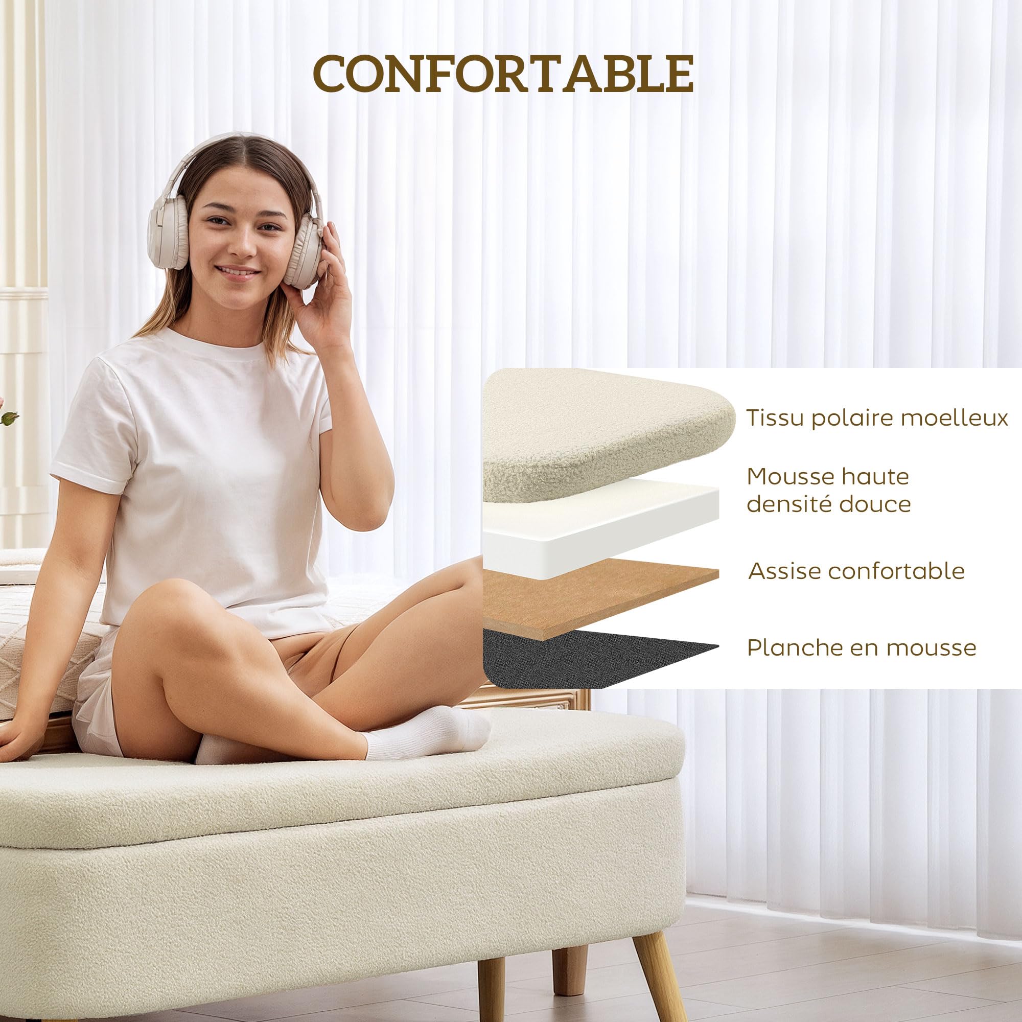 HOMCOM Banc de Rangement en Polaire Teddy 65L Couvercle 120x42x45cm Beige