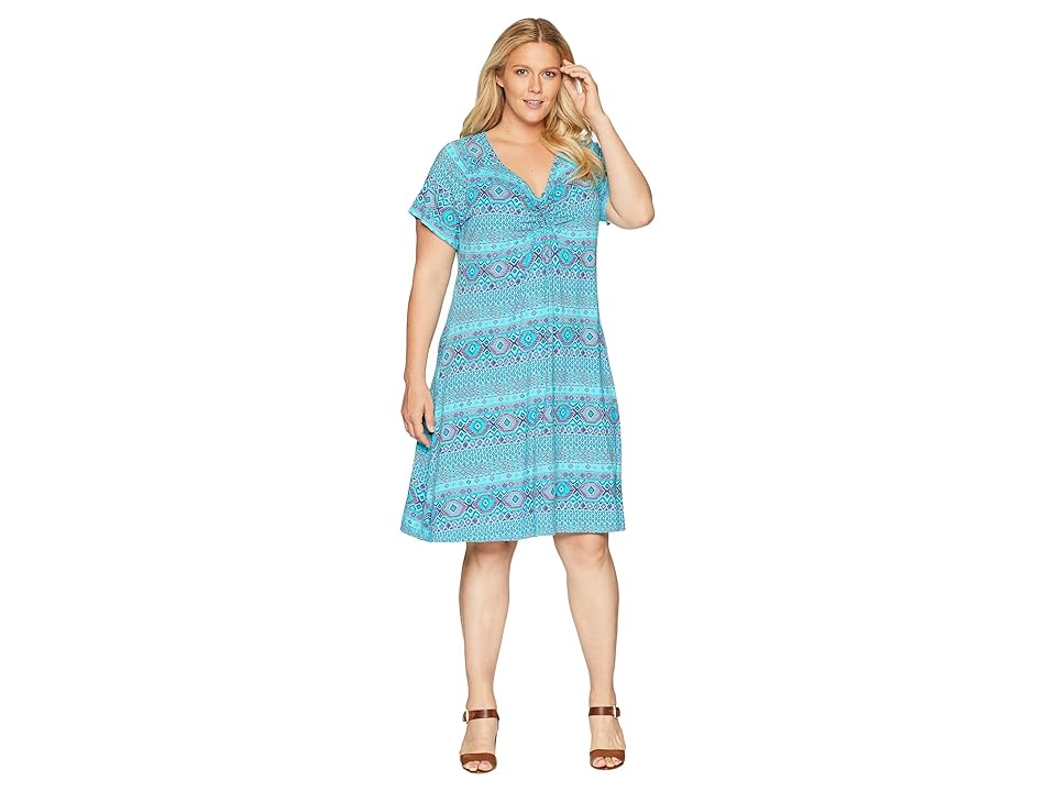

Extra Fresh by Fresh Produce Plus Size Stamped Geo Emma Dress (Luna Turquoise) Women's Dress