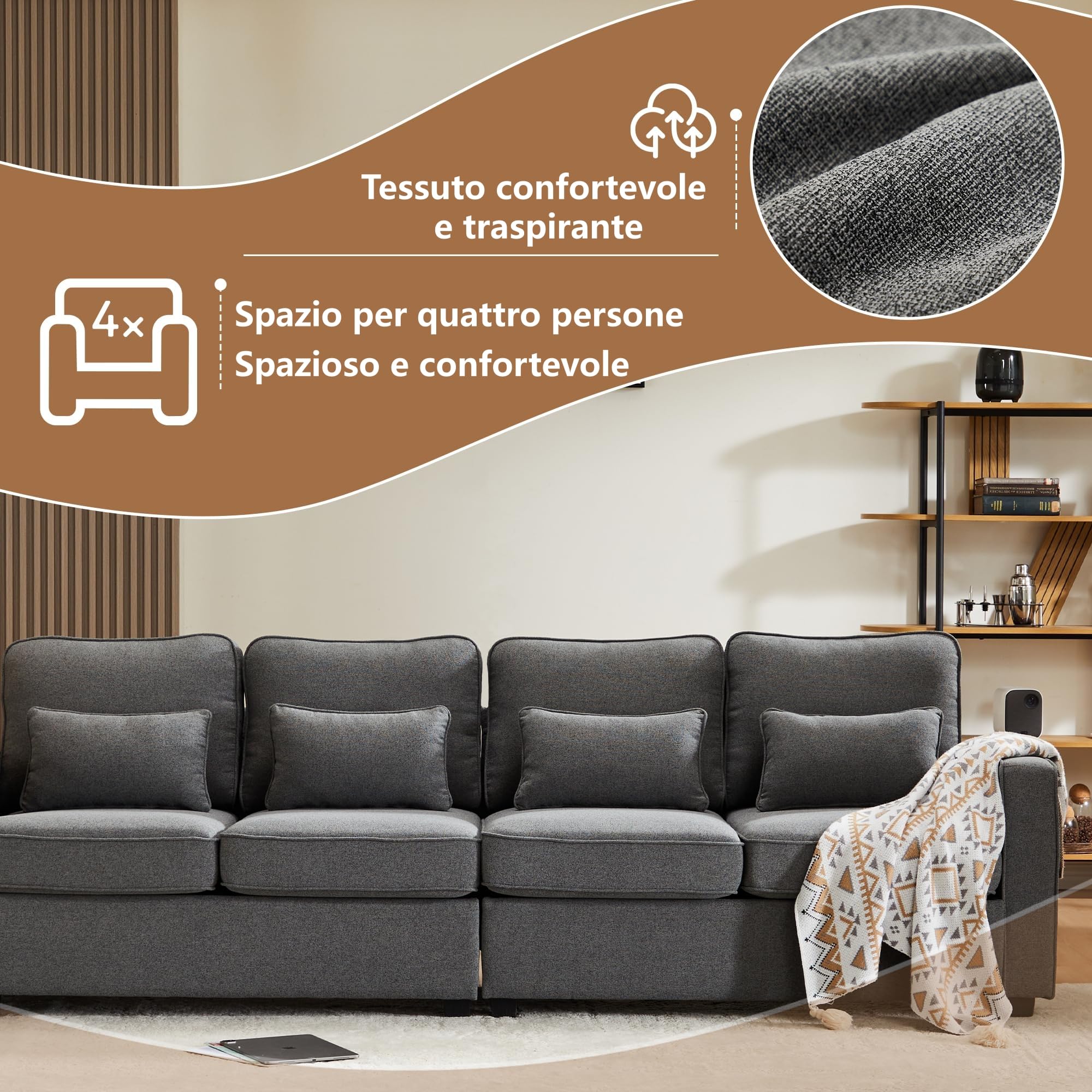 Divano moderno a 4 posti in tessuto di lino, divano a quattro posti con tasche per braccioli e 4 cuscini, divano dallo stile semplice, adatto a soggiorno, casa, ufficio (Grigio scuro)