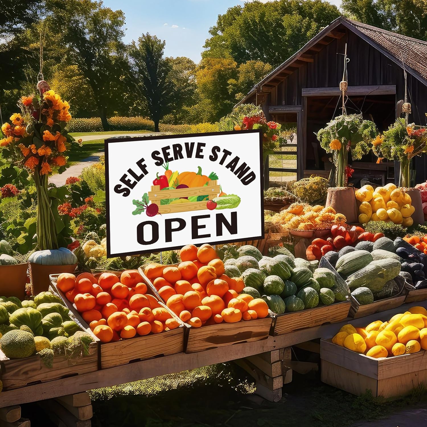 Novabright 3 Pcs Self Serve Stand Sign with Stakes 16 x 12 Inch Self Serve Stand Open Vegetables Sign Supplies Weatherproof Outdoor Vegetable Display for Farmers Market Garden and Roadside Sale
