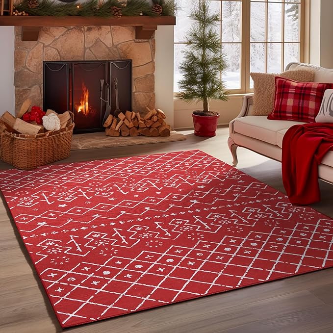 COLLACT Christmas Area Rug 8x10 Red Rug Moroccan Xmas