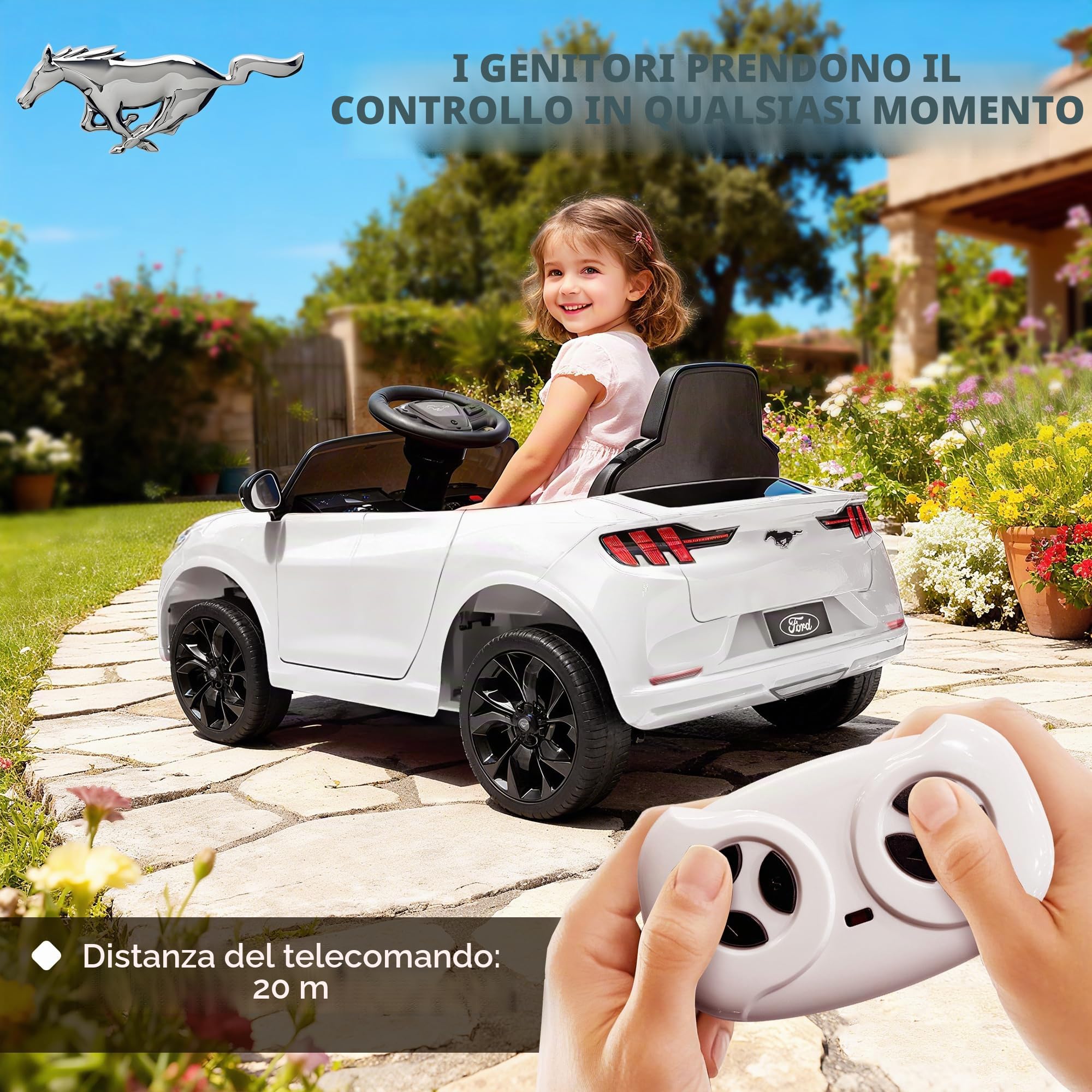 AIYAPLAY Auto elettrica per bambini con licenza ufficiale Ford Mustang Mach-E, 12 V, telecomando da 2,4 G, 2 motori da 25 W, veicolo con avviamento graduale, fari a LED, musica e porta USB, bianco