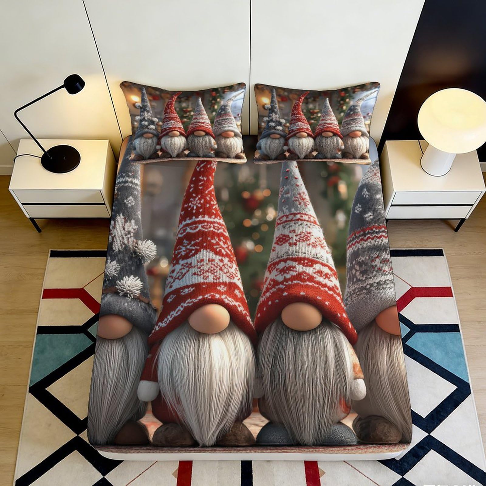 3D Printed Christmas Gnome Fitted Sheet Microfiber Soft Breathable Nordic Holiday Mattress Cover for Bedroom Guest Room Decor 160x200x25cm