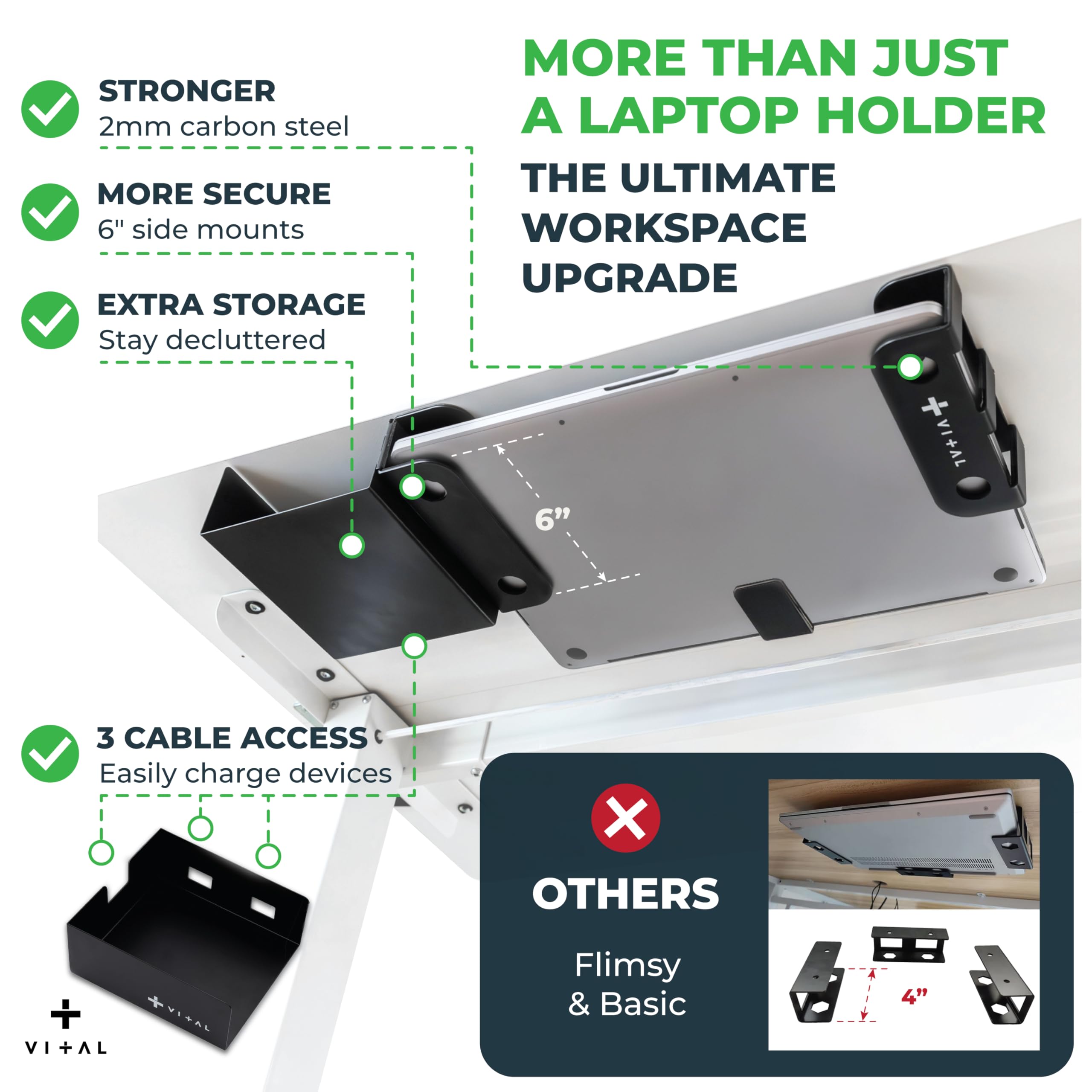 VI+AL Supporto da scrivania per computer portatile, ripiano nascosto in metallo con spazio laterale, si installa con nastro e viti, adatto a dispositivi fino a 4,3 cm di spessore, standard (senza