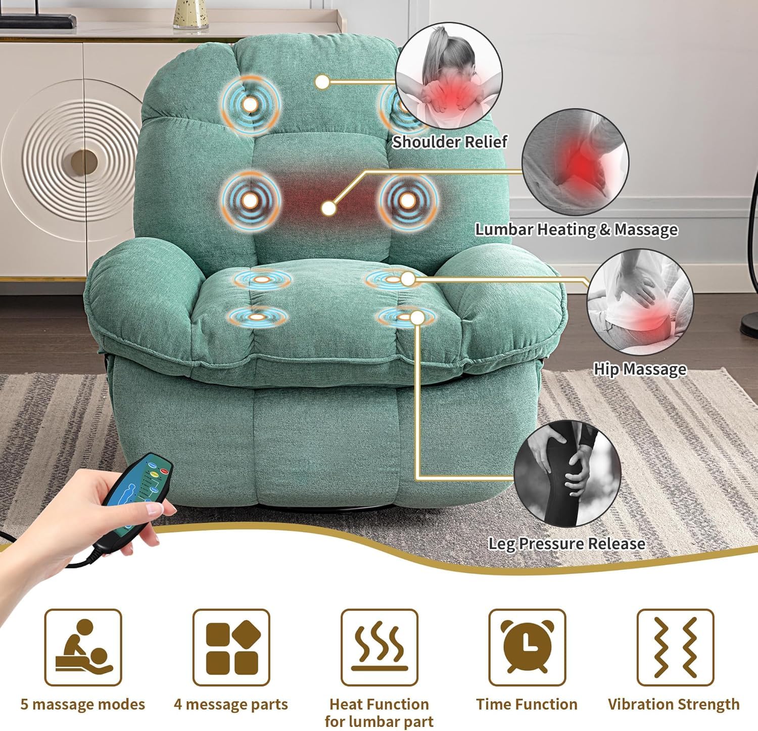 Sillón Relax Reclinable Eléctrico con Calefacción, Puertos de Carga USB-A y USB-C para Dormitorio, Salón, Estudio (Verde)
