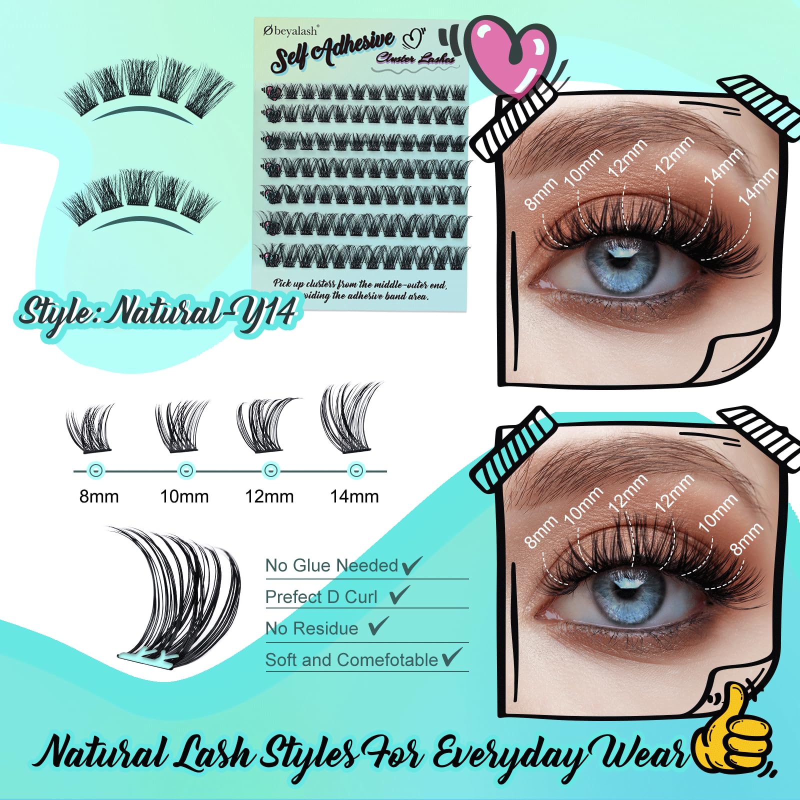 Self Adhesive Ciglia Finte Ciuffetti 84pcs Kit Extension Ciglia D Curl Pre Glued Eyelashes DIY Lash Extension Kit 8-14mm Ciuffetti Ciglia Extension Ciglia Volume (Y14 D Curl 8-14mix)