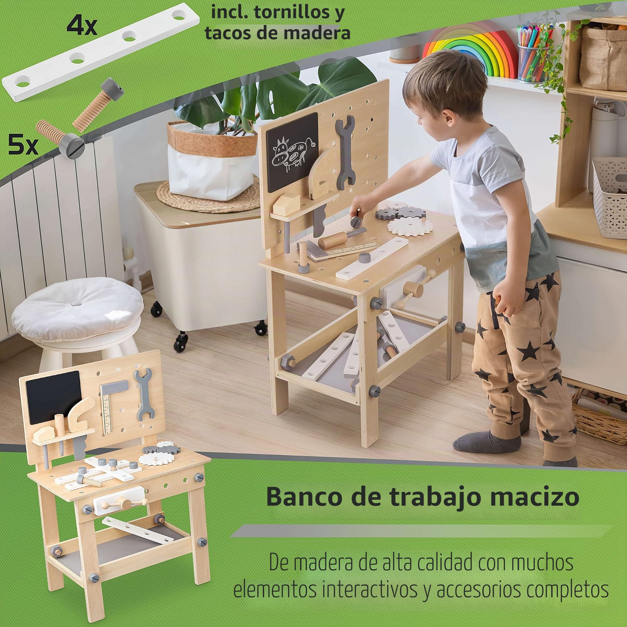 Balinco Workbench Children Wood, Taller con Herramientas Infantiles, Sierra, escuadra, Destornillador, Ruedas dentadas, Tornillo de Banco, Tablero, Accesorios, Juguetes de Madera a Partir de 3 años