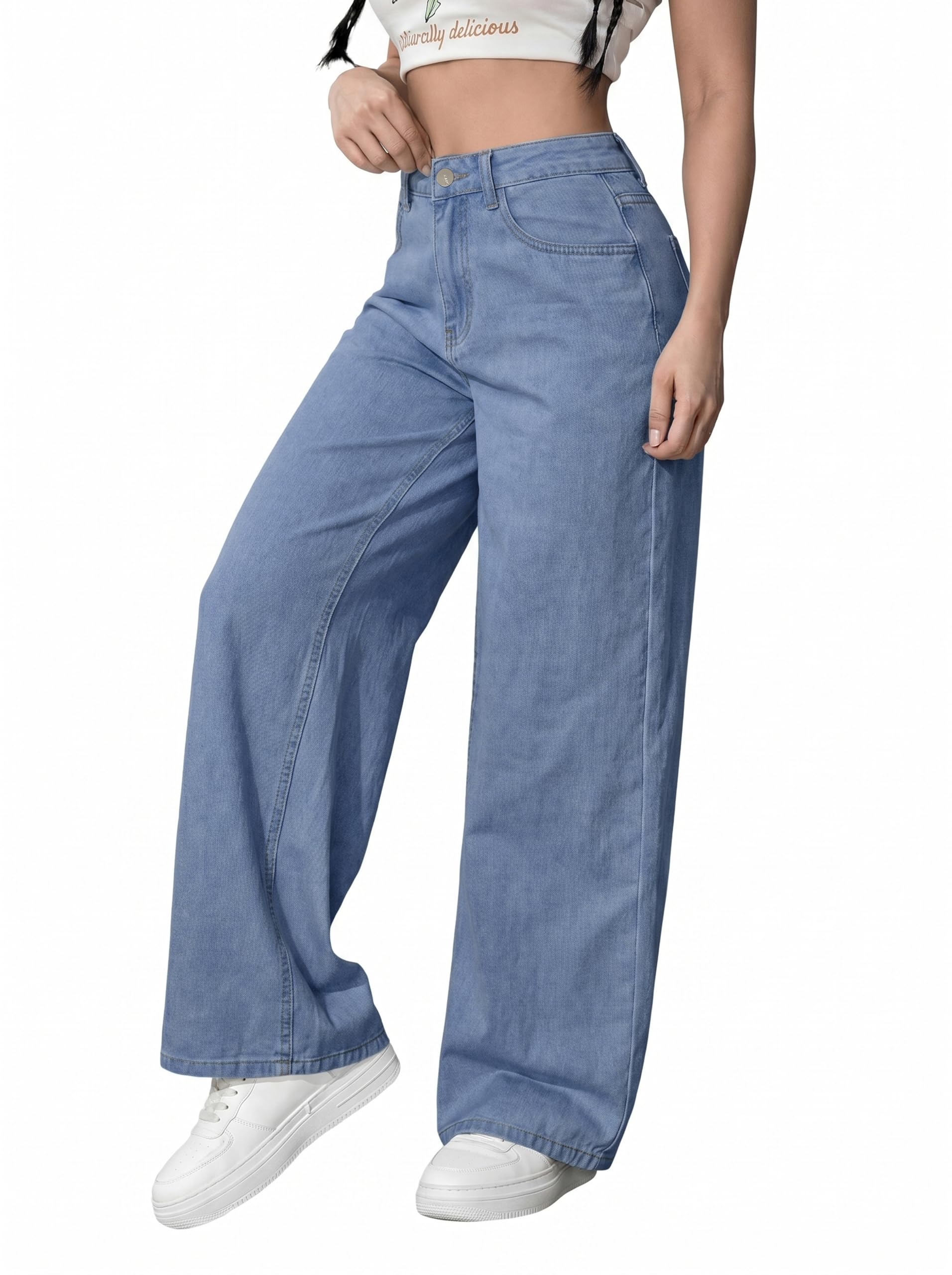 Women's Wide Leg Jeans, White Washed Denim, High Rise, Relaxed Baggy Fit, Casual Streetwear, High Waist, Light Blue, Casual Straight Trousers with Pockets-image-49