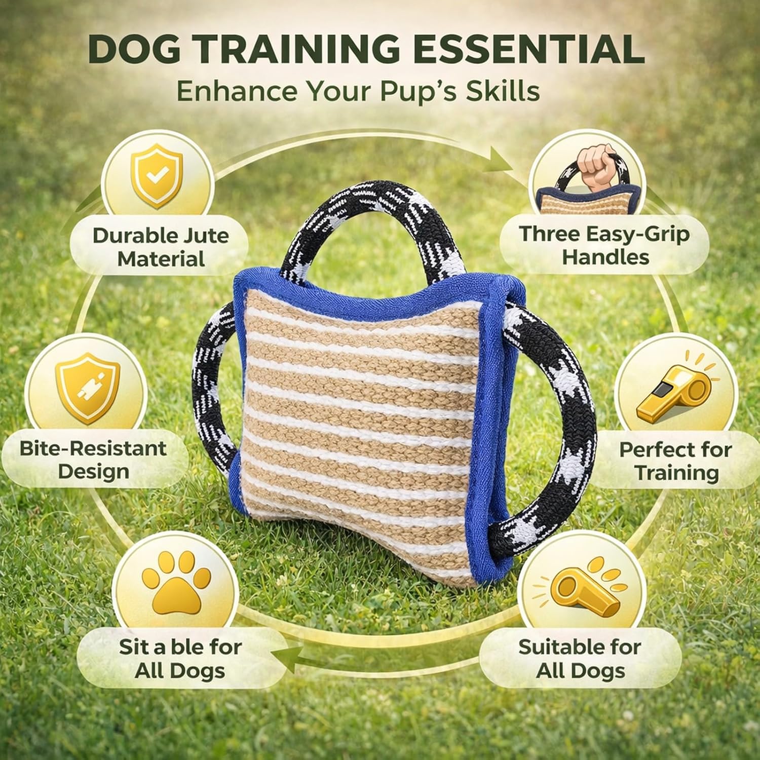 Bite Tug Toy for Dogs, Jute Biting Pad with 3 Handles, Tear Blue Pillow 10.2x7.1in - Durable Training Tool, Interactive Tug - of - War Play, Ideal for Puppy and Adult D (Blue)