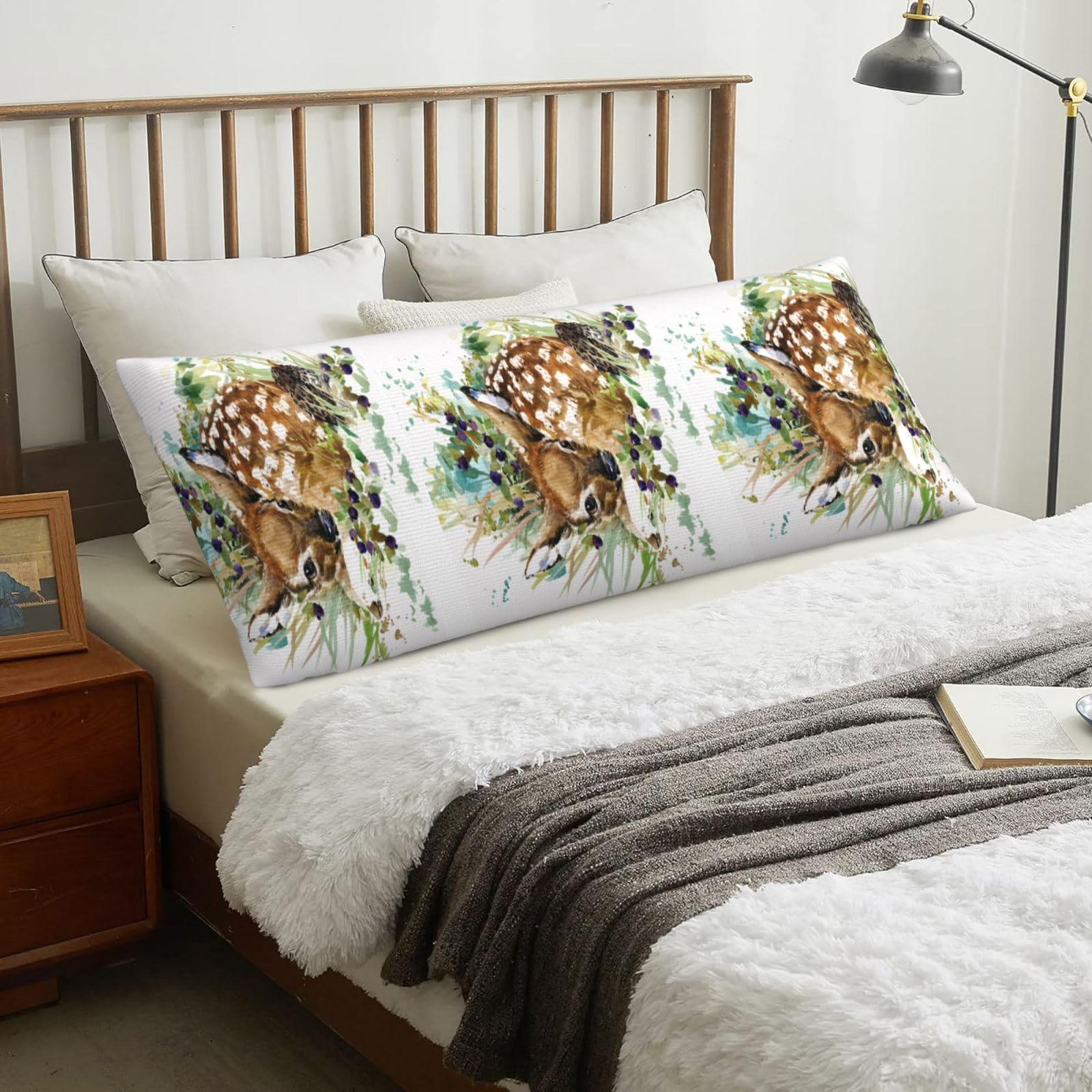 Watercolor Wildlife Deer, Body Pillow Cover with Zipper,Long Body Pillowcase 20 x 60 in