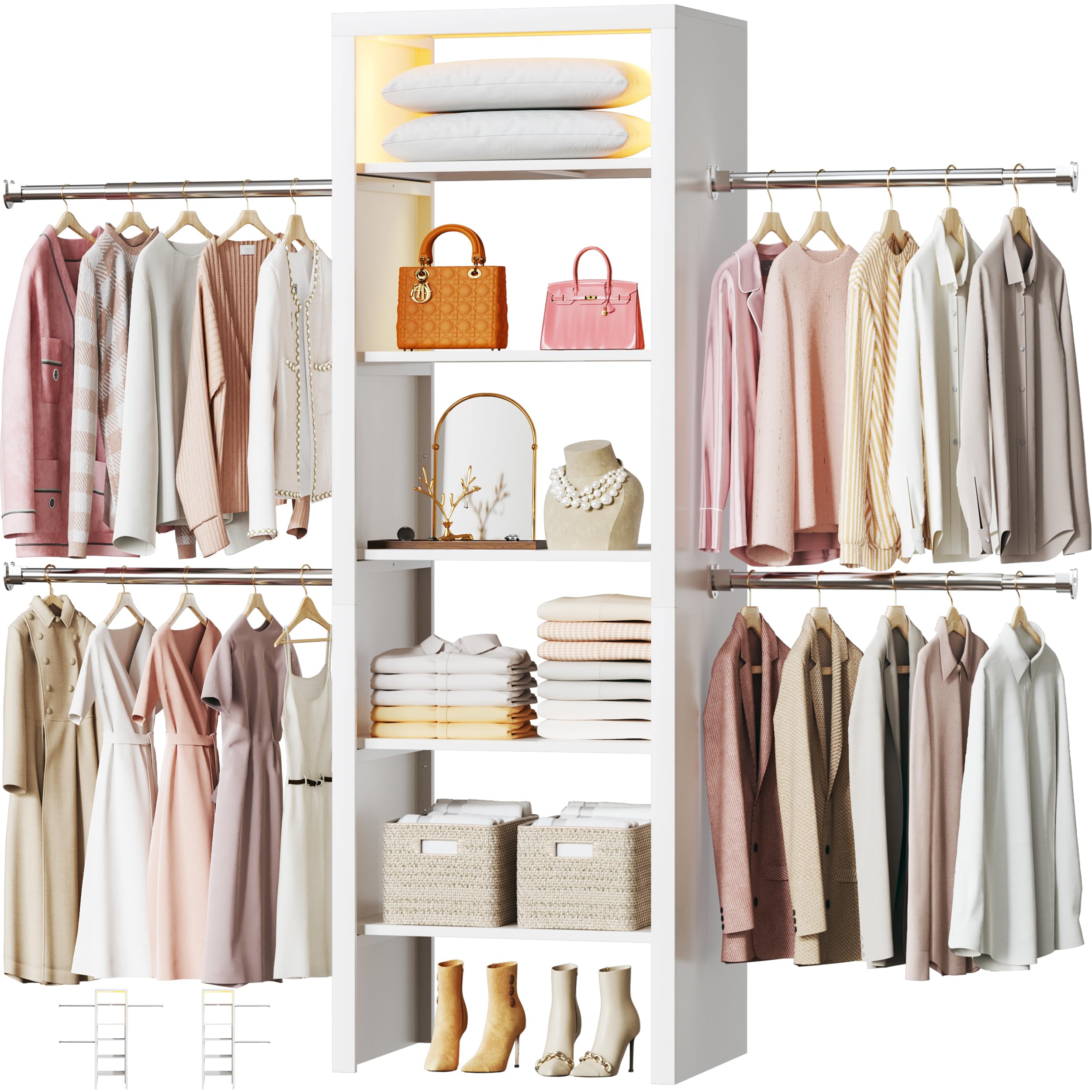 HUAHUU 100'' Closet System with 4 Hanging Rods and LED Lights