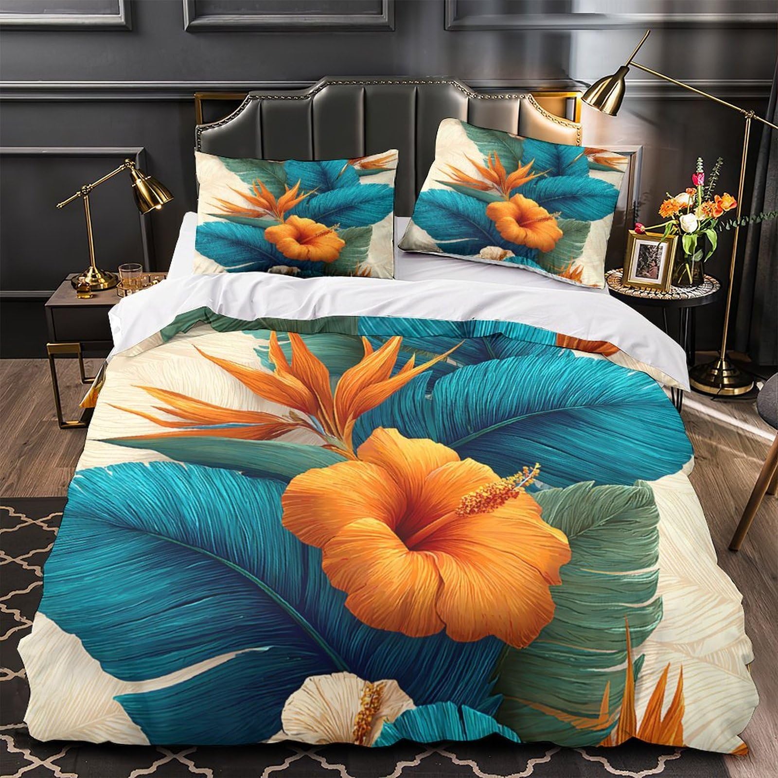 Housse de couette fleurs tropicales 3D King 220x240cm avec 2 taies d'oreiller pour adulte