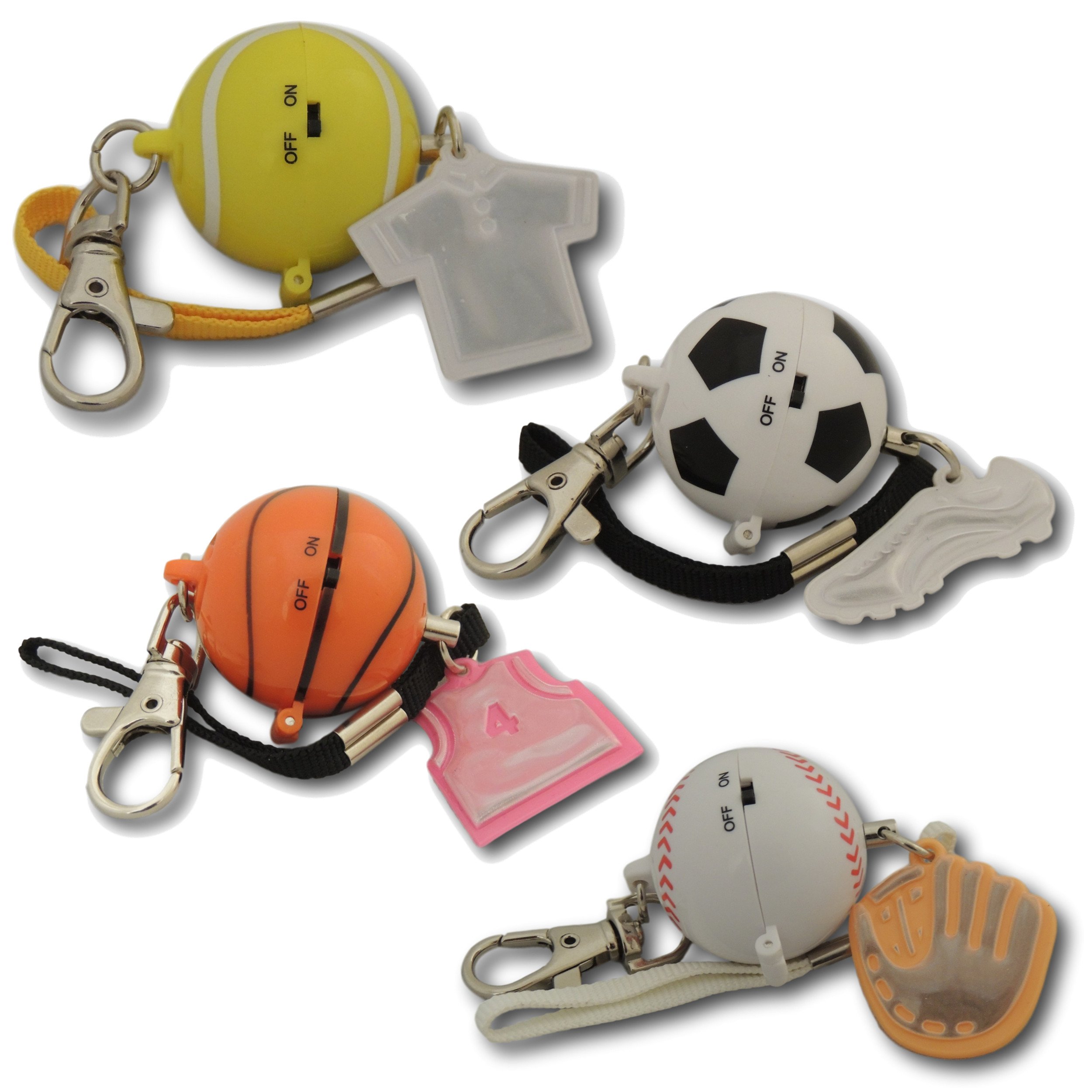 EPOSGEAR Minder Sports Ball Activity Personal Attack Alarm - Ideal for Children and Young Adults (Mixed Pack of 4, With Spare Batteries)