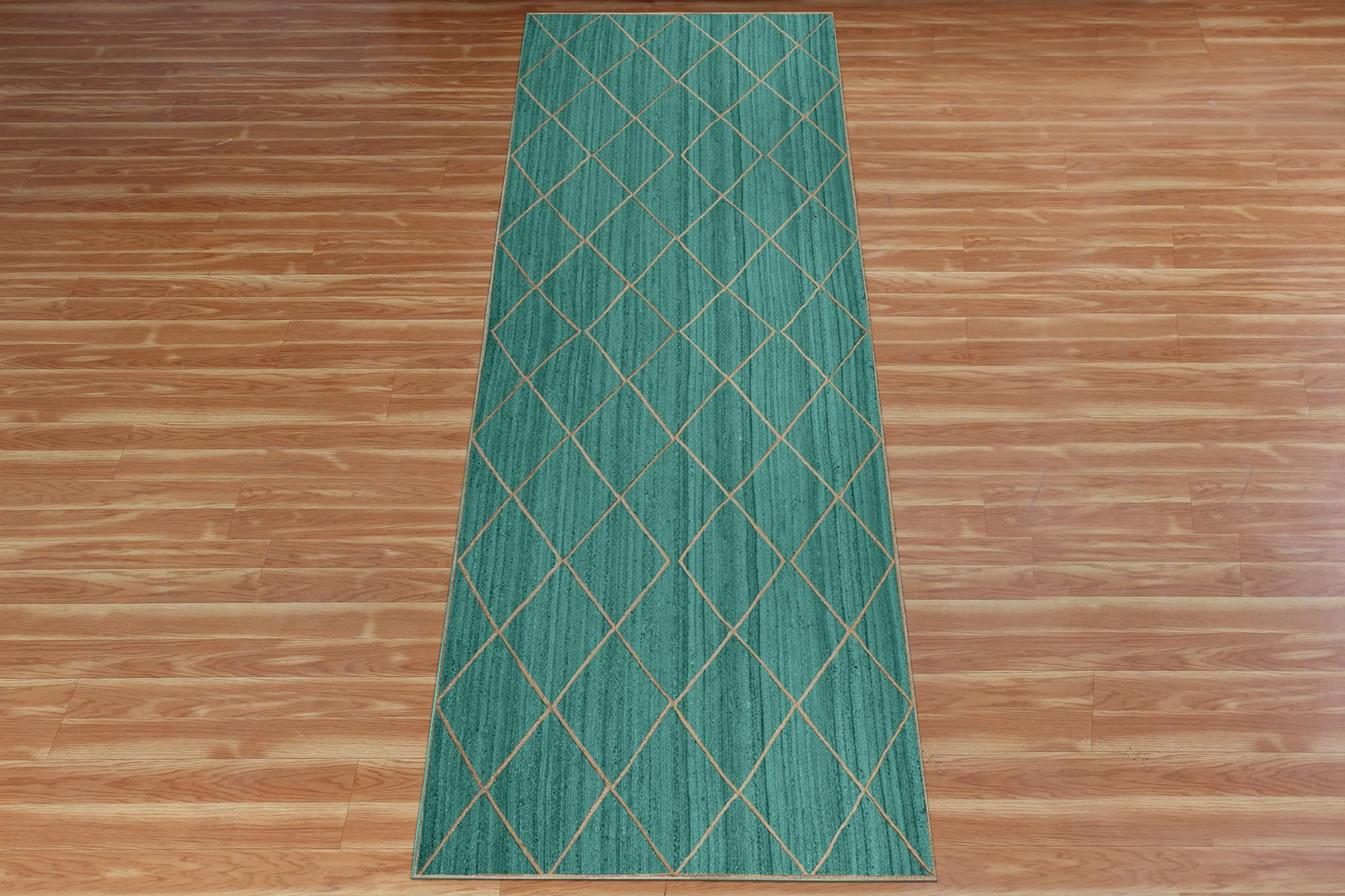 Bieżnik - 2,6 x 14 cm, dywan kilim, turkusowo-zielony i beżowy pleciony dywan z juty do wewnątrz, na zewnątrz, dywan o dużym natężeniu ruchu, do domu i przedpokoju, na korytarz i chodnik na