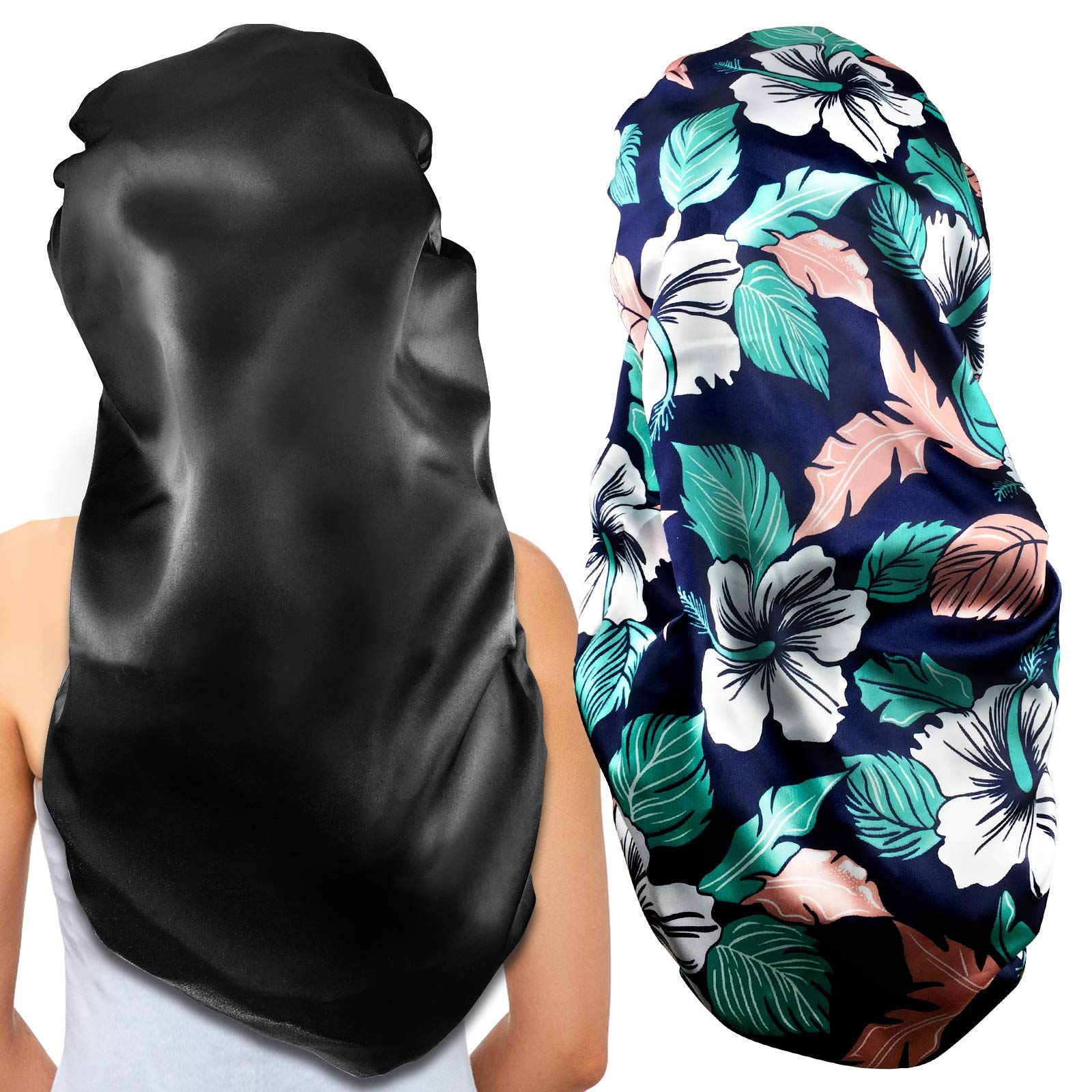2Pcs Long Satin Bonnet Sleep Cap,Extra Large Braids Bonnets for Sleeping,Long Hair,Soft&Comfortable Elastic Band Bonnets for Women Night Sleep,Hair Bonnets for Women Satin,Black+Green Pattern