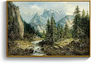 crmotu Vintage Framed Wall Art, Mountain River Landscape Canvas Painting, Pine Tree Forest Art Prints, Rustic Farmhouse Home Decorations, Pictures Wall Decor Living Room Bedroom Cottage 16x24in
