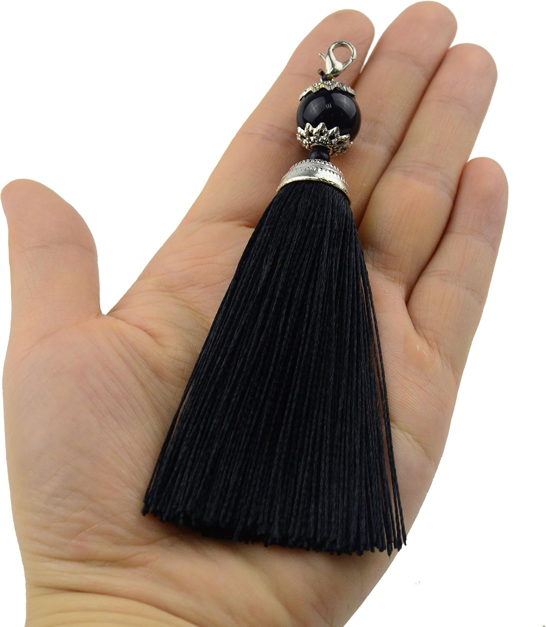 Makhry 10pcs 4.5 Inch Handmade Silky Floss Lobster Clasp Tassel Key chain Beads Bookmark Tassel Pendant for DIY Craft Jewelry Women Earring (Black, Short)