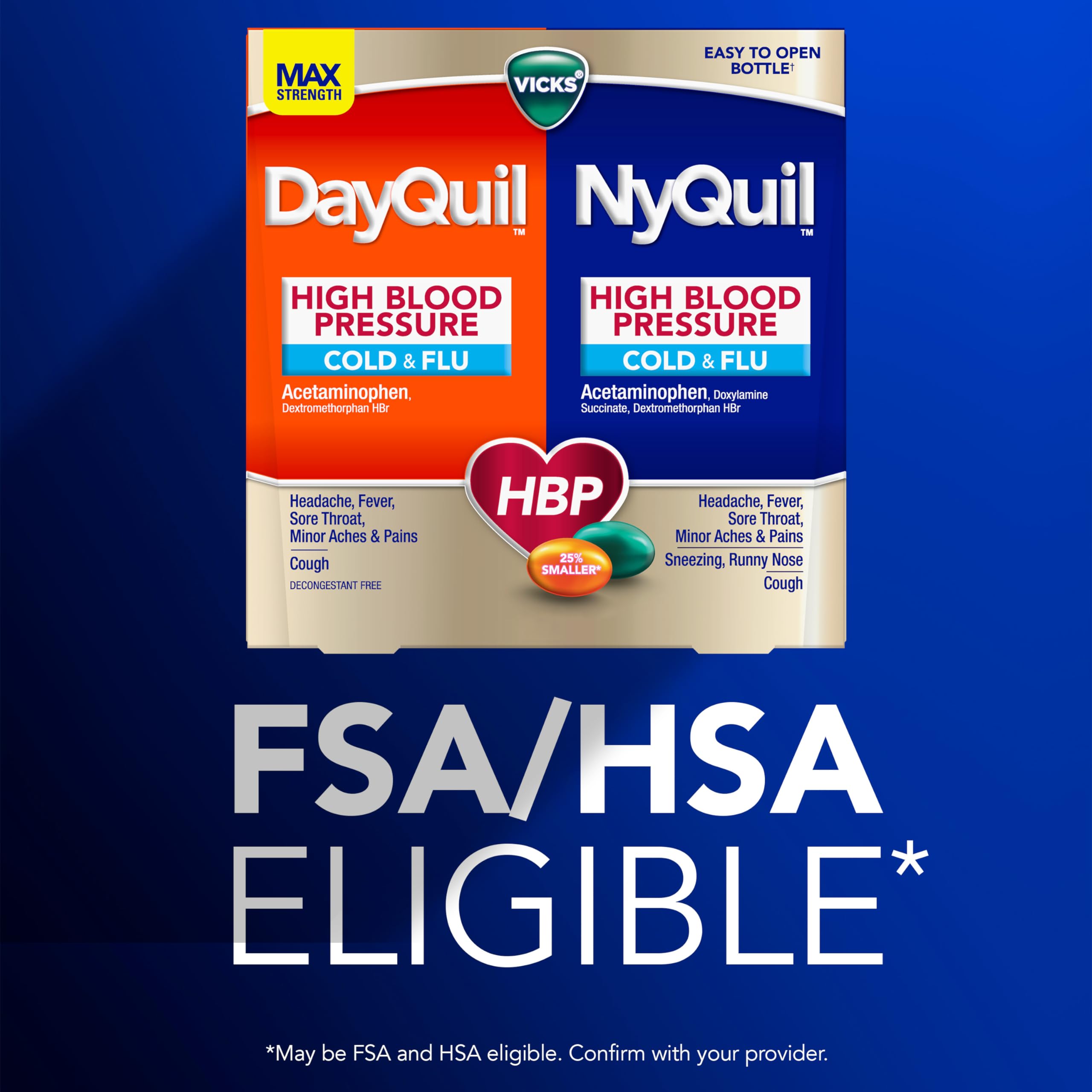 VICKS DayQuil & NyQuil High Blood Pressure Cold & Flu Relief Liquicap 48ct Co-Pack, Powerful Multi Symptom Daytime & Nighttime Medicine for Cold, Cough, and Flu Symptoms, 24ct DayQuil, 24ct NyQuil — Amazon image 9