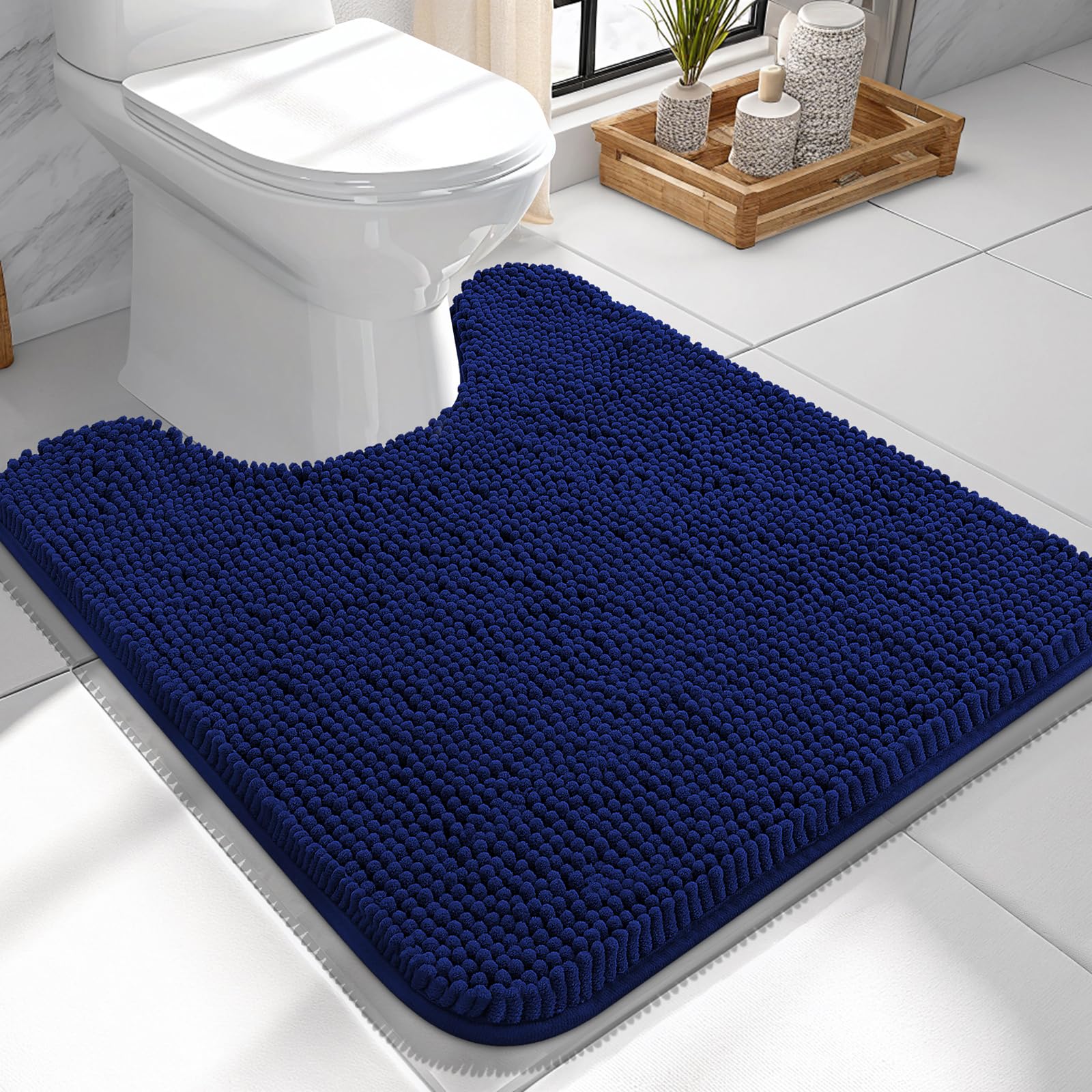 OLANLY Toilet Rugs U-Shaped 24x24, Soft Absorbent Chenille Contour Rugs | Navy, Quick-Drying Rubber Backing, Machine Washable Non-Slip Shaggy Bathroom Mat for Toilet, Home Decor Accessories