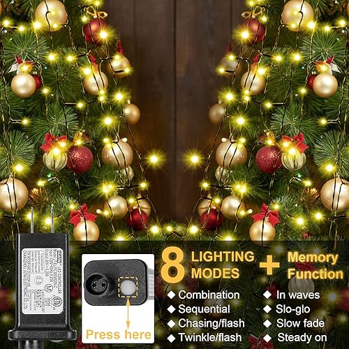 Miniatura 4 de Qelus Luces de árbol de Navidad, 9.8 ft x 16 hebras, 480 luces LED para árbol de Navidad de 9 a 12 pies, temporizador, 8 modos de función de