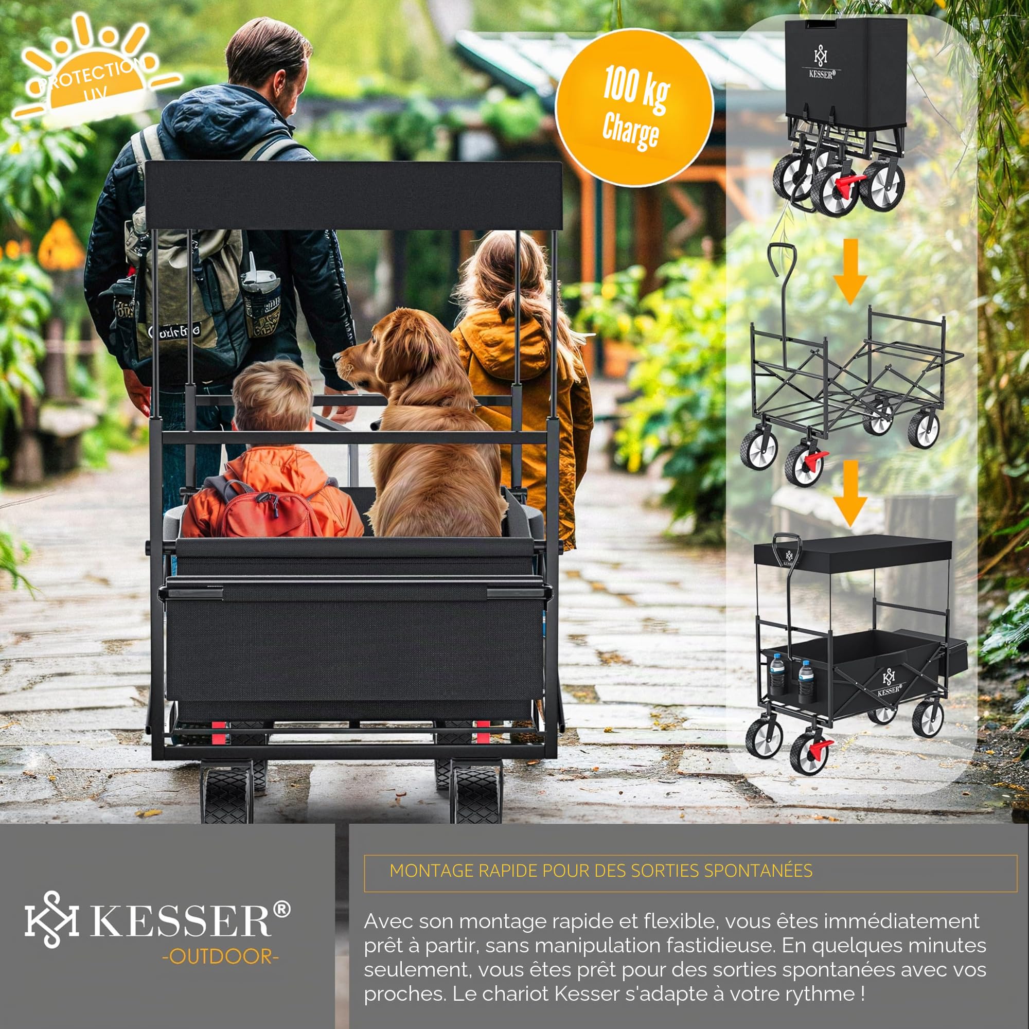 KESSER® Chariot de Transport Pliable avec Toit, Charrette à Bras, Chariot à Roulettes, 2 Poches Mesh