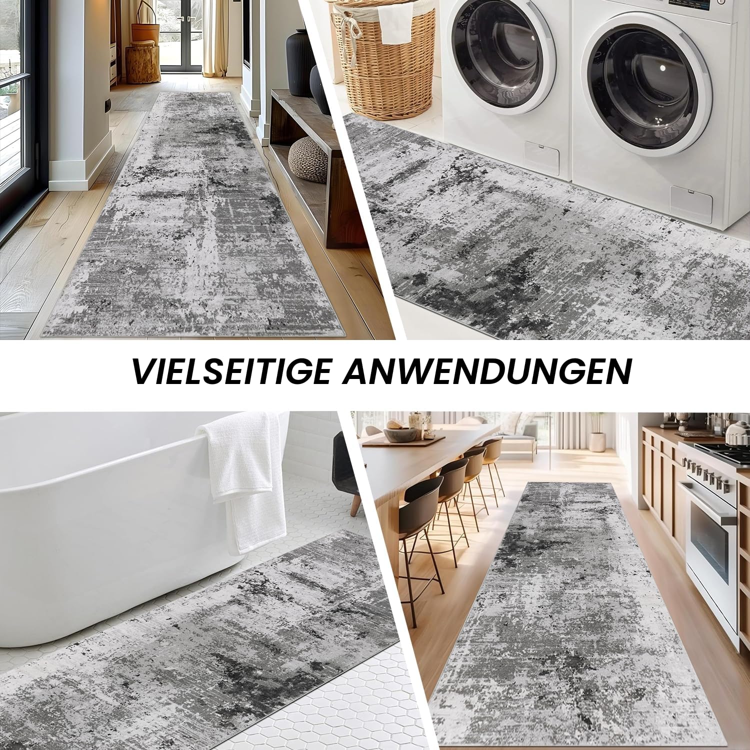 Cekene Läufer Flur 80x300cm Abstrakter Teppich Läufer rutschfest Waschbar Küchenläufer Grau Lang Flur Teppich für Eingang Badezimmer Waschküche Schlafzimmer Wohnzimmer