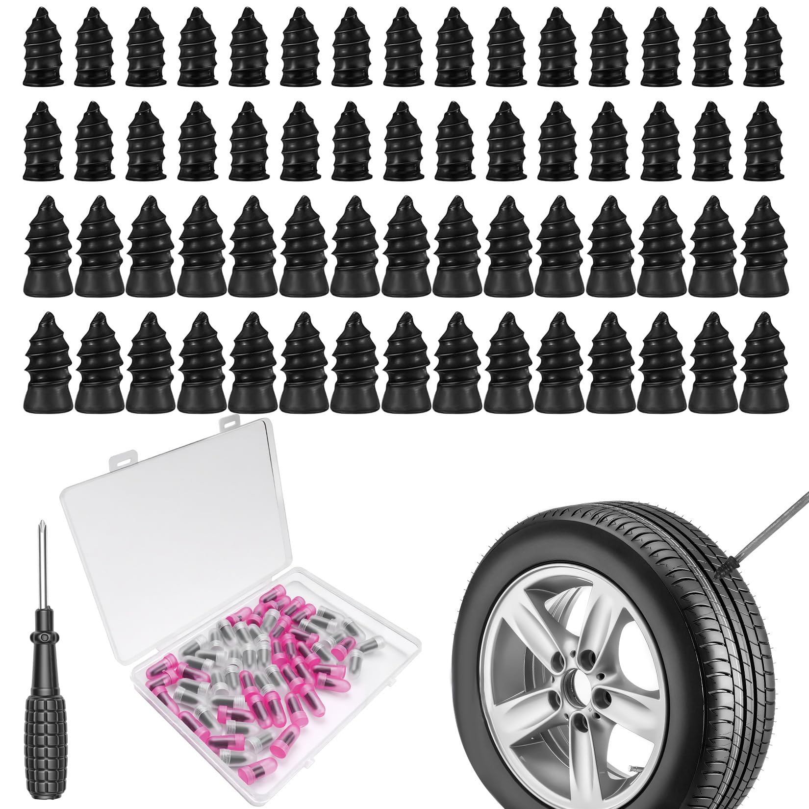 60 Pz Chiodi Kit Riparazione Pneumatici Auto, Chiodo in Gomma Kit Riparazione Pneumatici Moto, Chiodi in Gomma a Spirale per Riparazione Pneumatici Sottovuoto Auto Moto Camion Bici (30S+30L)