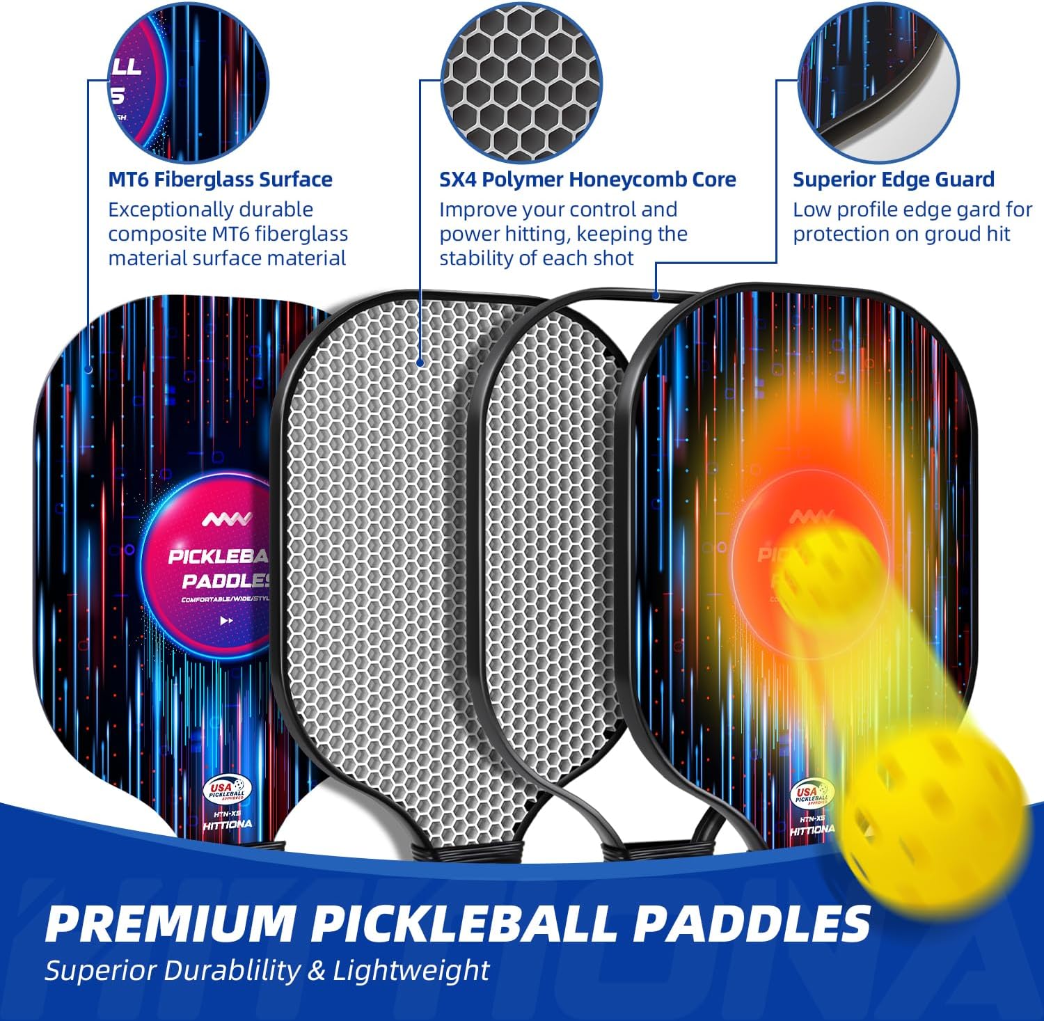 HITTIONA Pickleball Paddles - Fiberglass Pickleball Paddles Set of 2, USAPA Approved Pickle Ball Rackets 2 Pack with 4 Pickleball Balls, 1 Pickleball Net Bag, Paddles Ball Set for Beginners