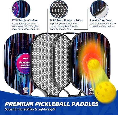 Miniatura 3 de Paletas de pickleball - Juego de 2 palas de pickleball de fibra de vidrio, raquetas de pickleball aprobadas por USAPA, paquete de 2 con 4 bolas de