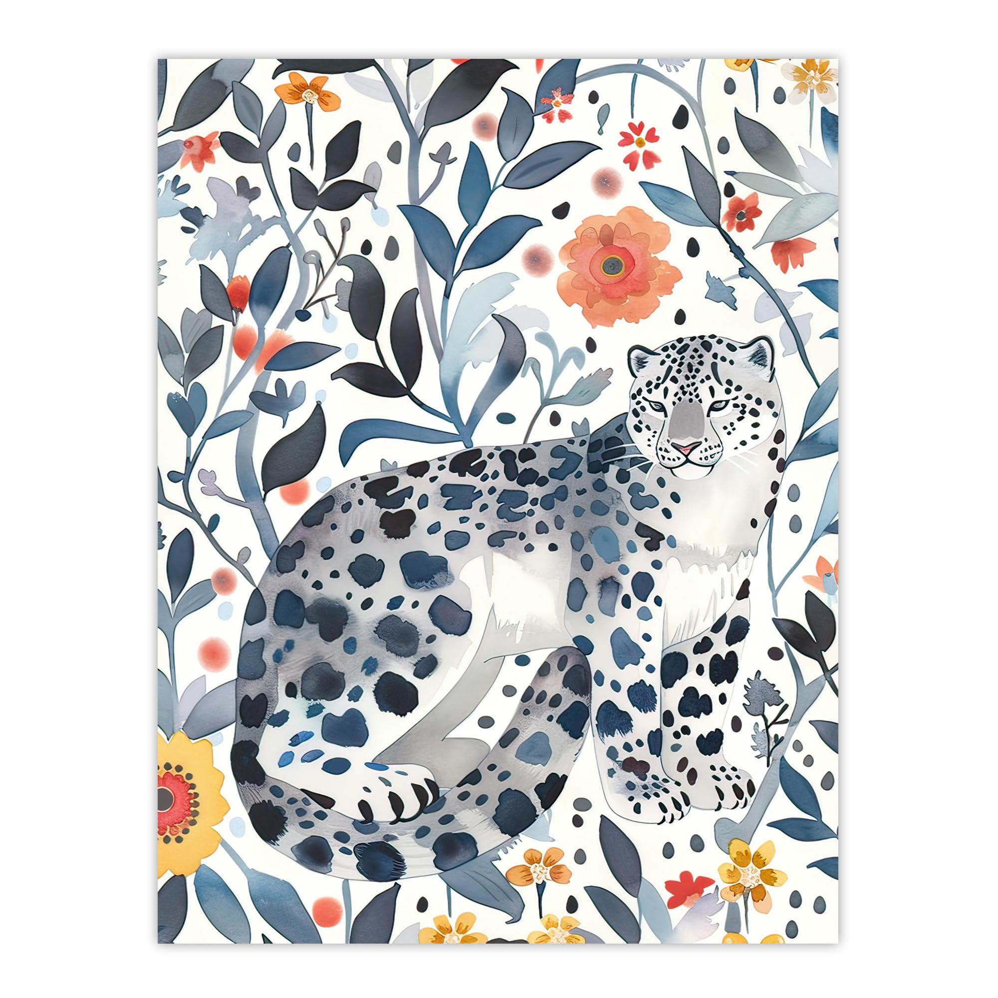 Artery8 Snow Leopard Blue Orange Floral Watercolour Living Room Unframed Wall Art Print Poster Home Decor Premium