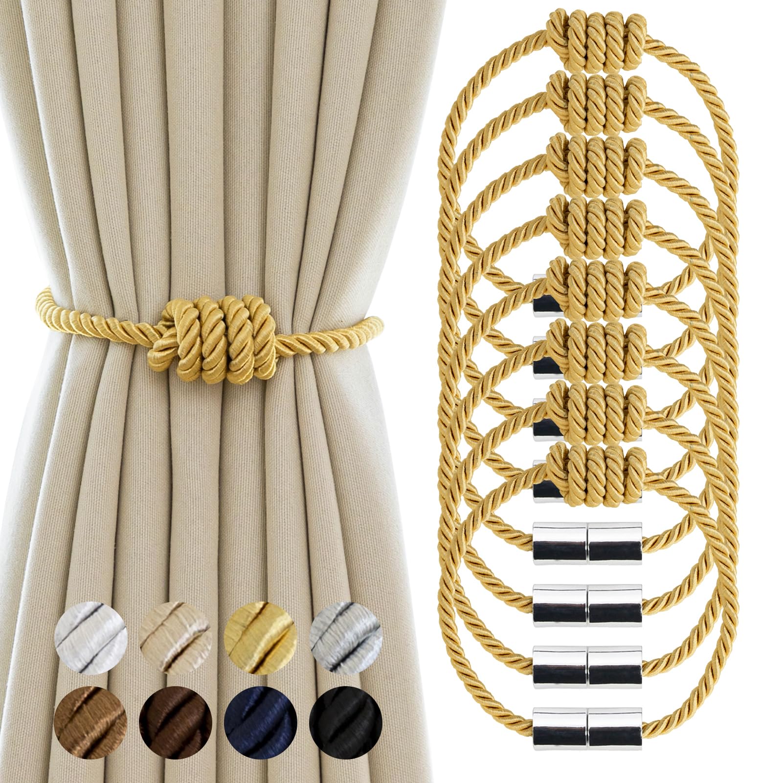 Fermatende magnetici decorativi per tende, confezione da 8 supporti per tende in corda, per tende da esterno, colore: oro